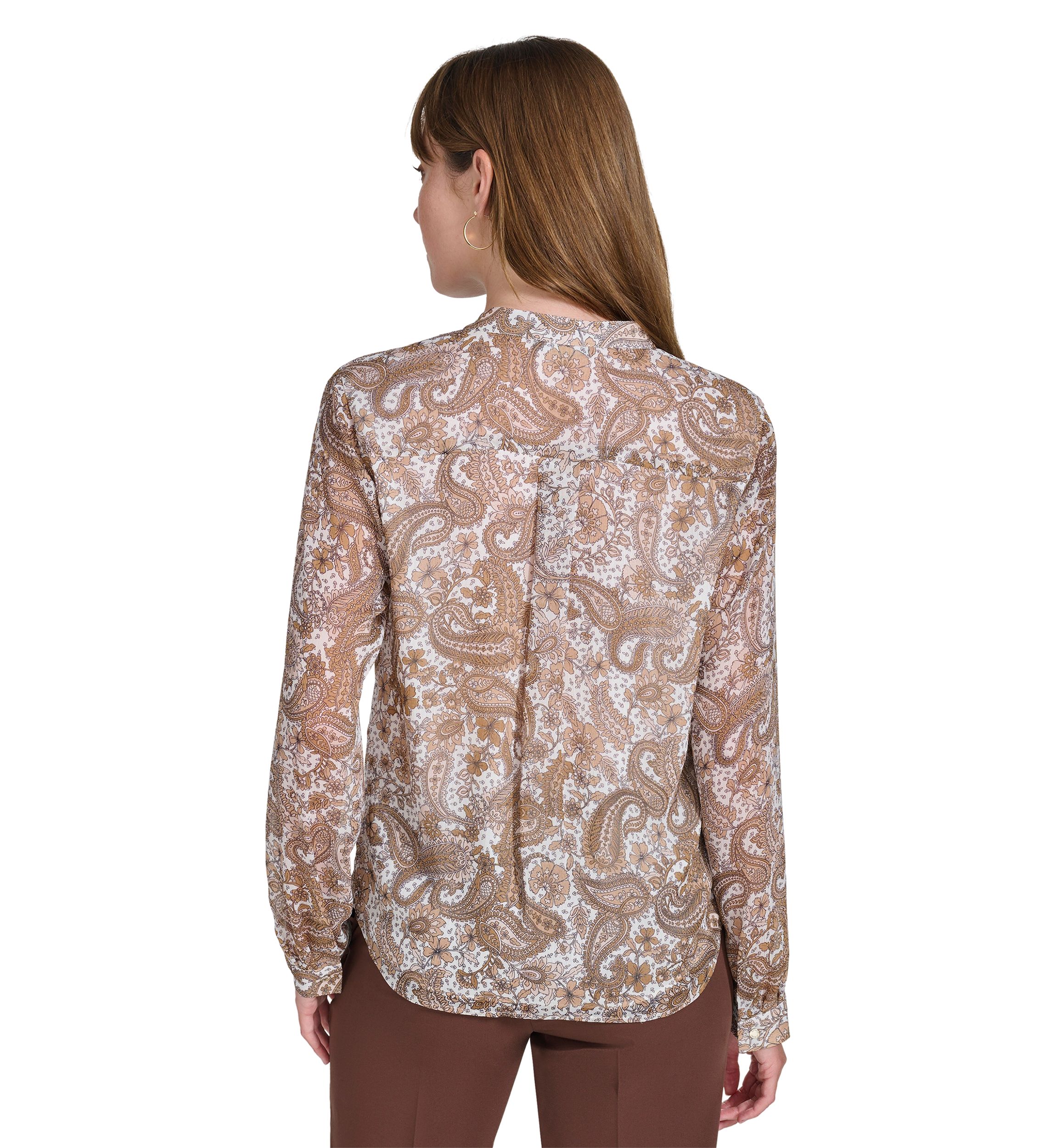 Womens Long Sleeve Paisley Ruffle Blouse
