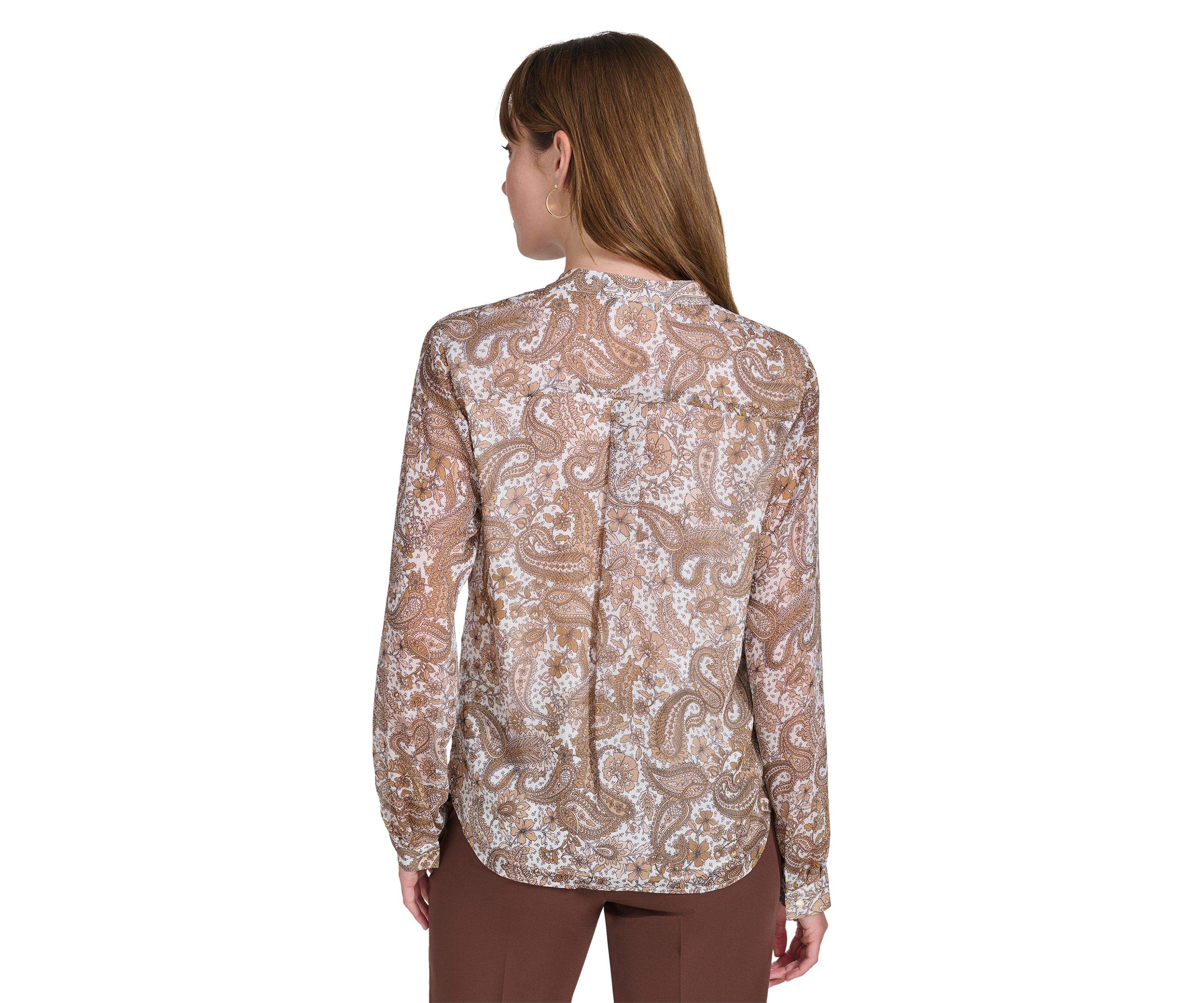 Womens Long Sleeve Paisley Ruffle Blouse