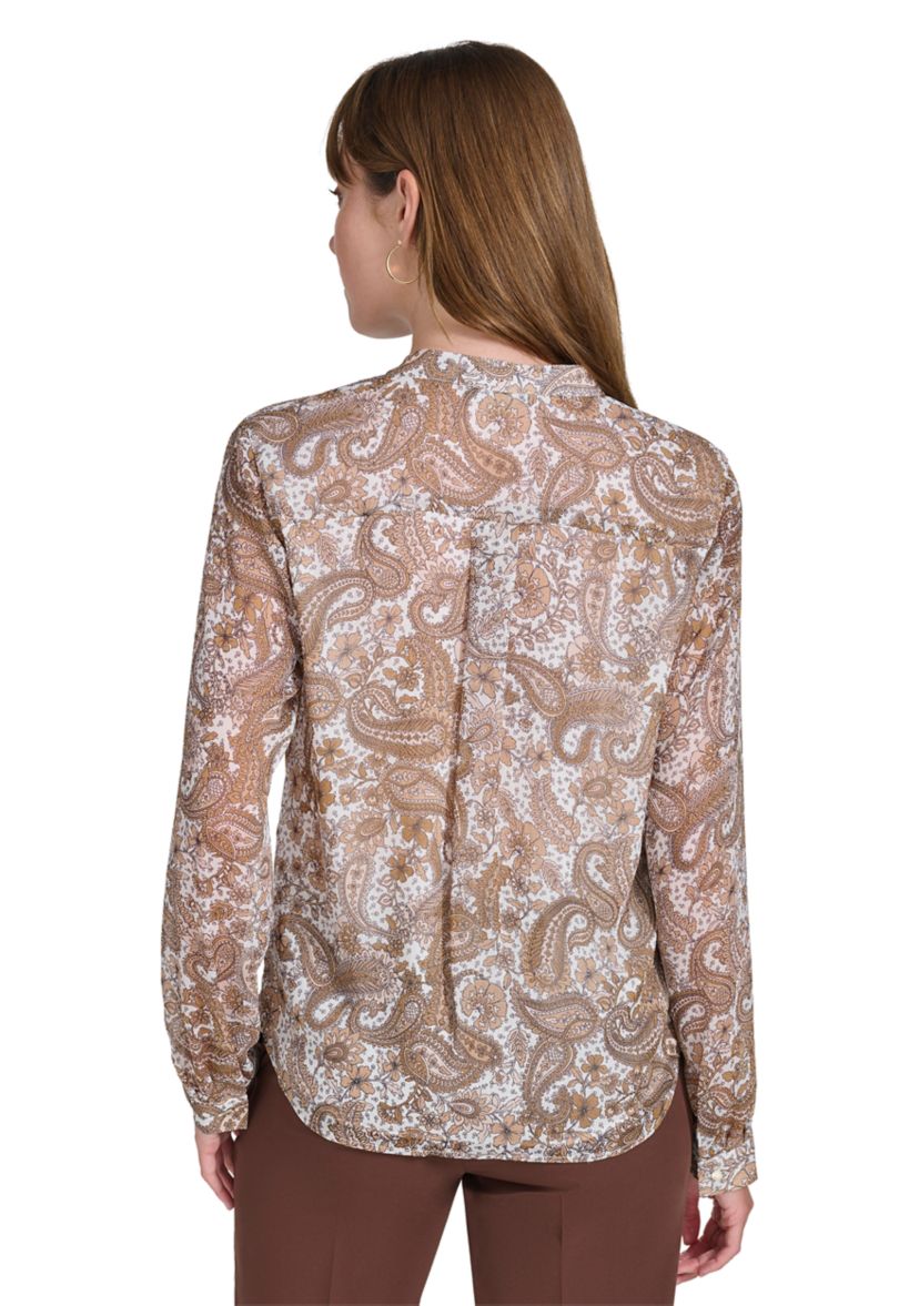 Womens Long Sleeve Paisley Ruffle Blouse