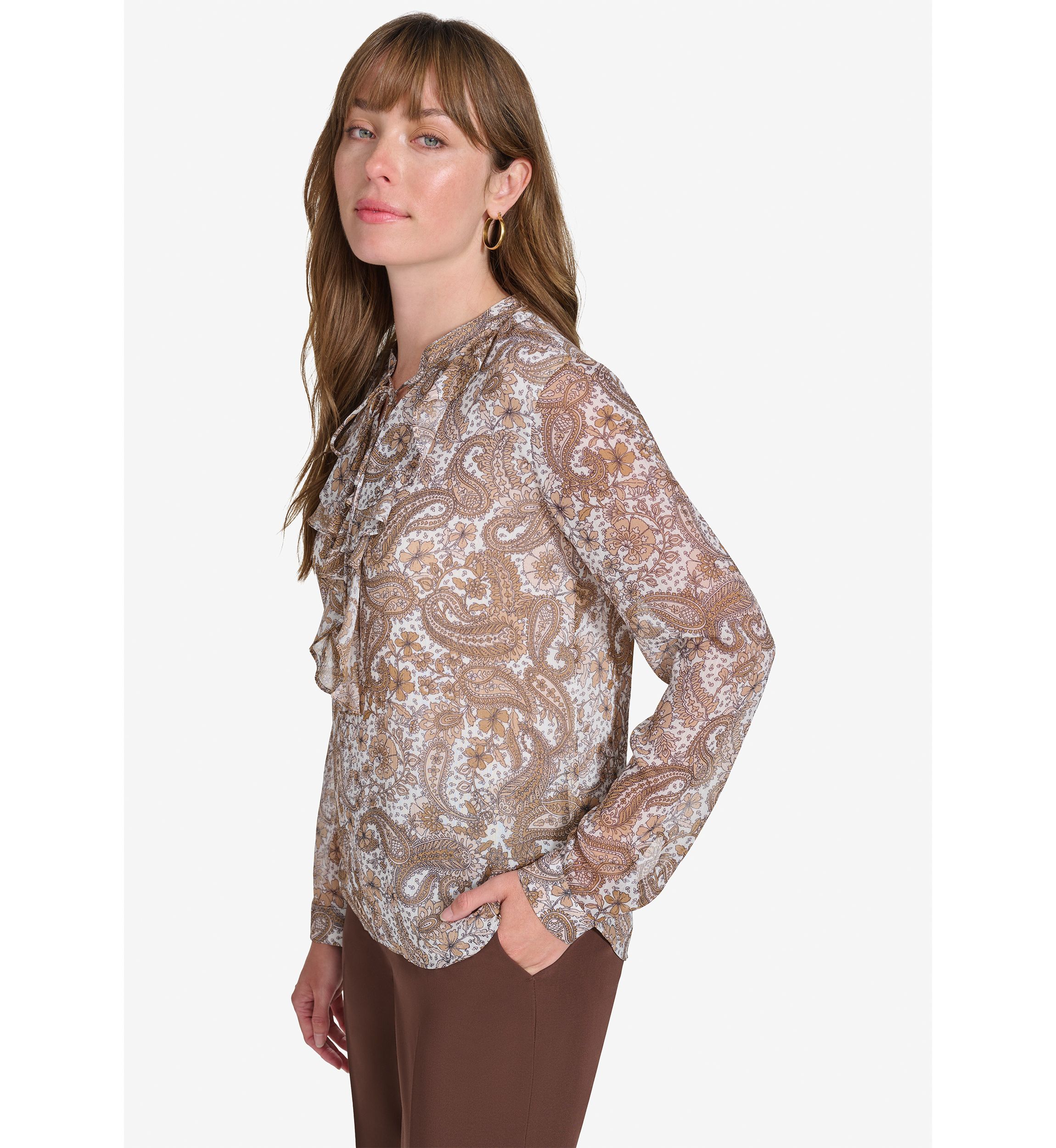 Womens Long Sleeve Paisley Ruffle Blouse