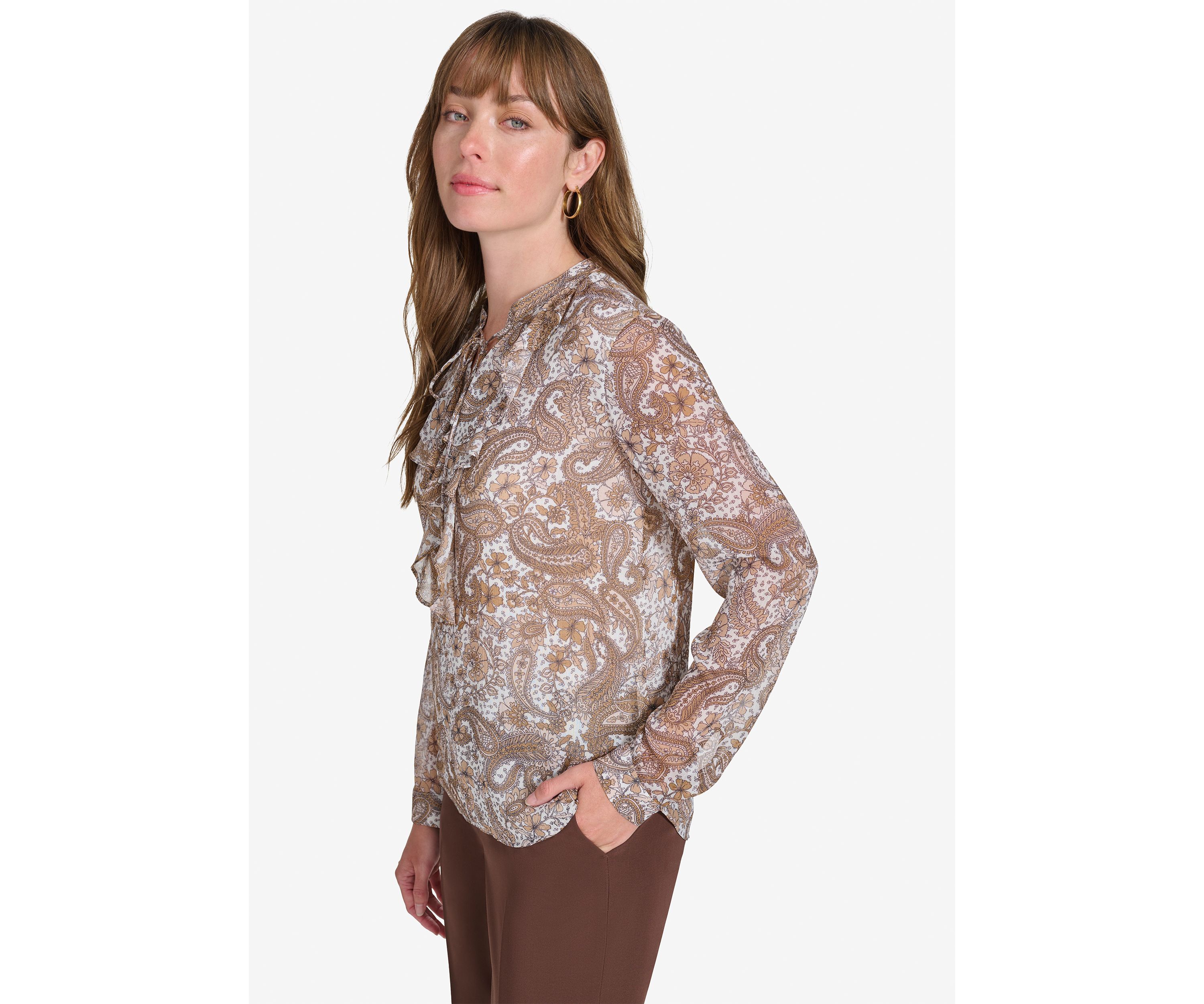 Womens Long Sleeve Paisley Ruffle Blouse