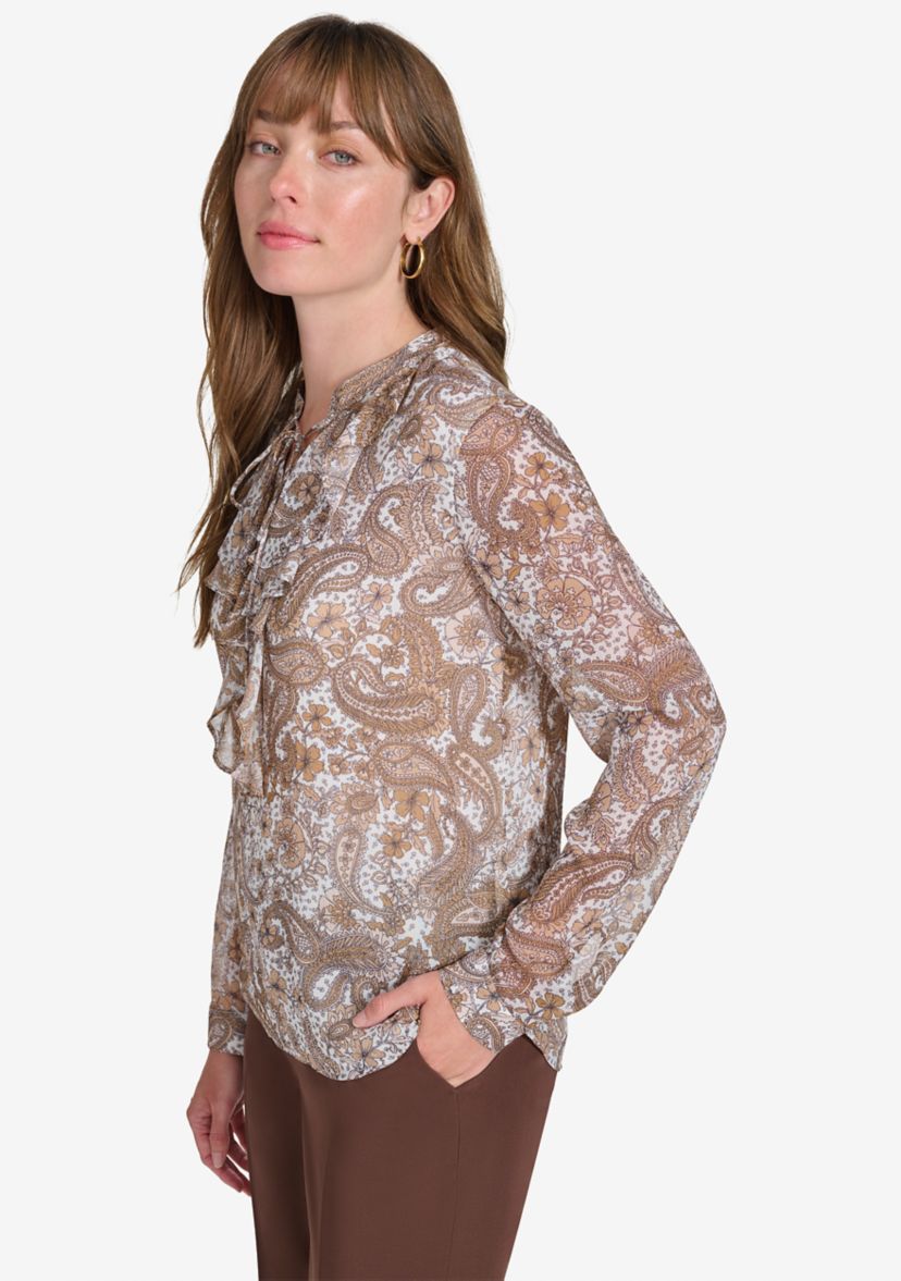 Womens Long Sleeve Paisley Ruffle Blouse