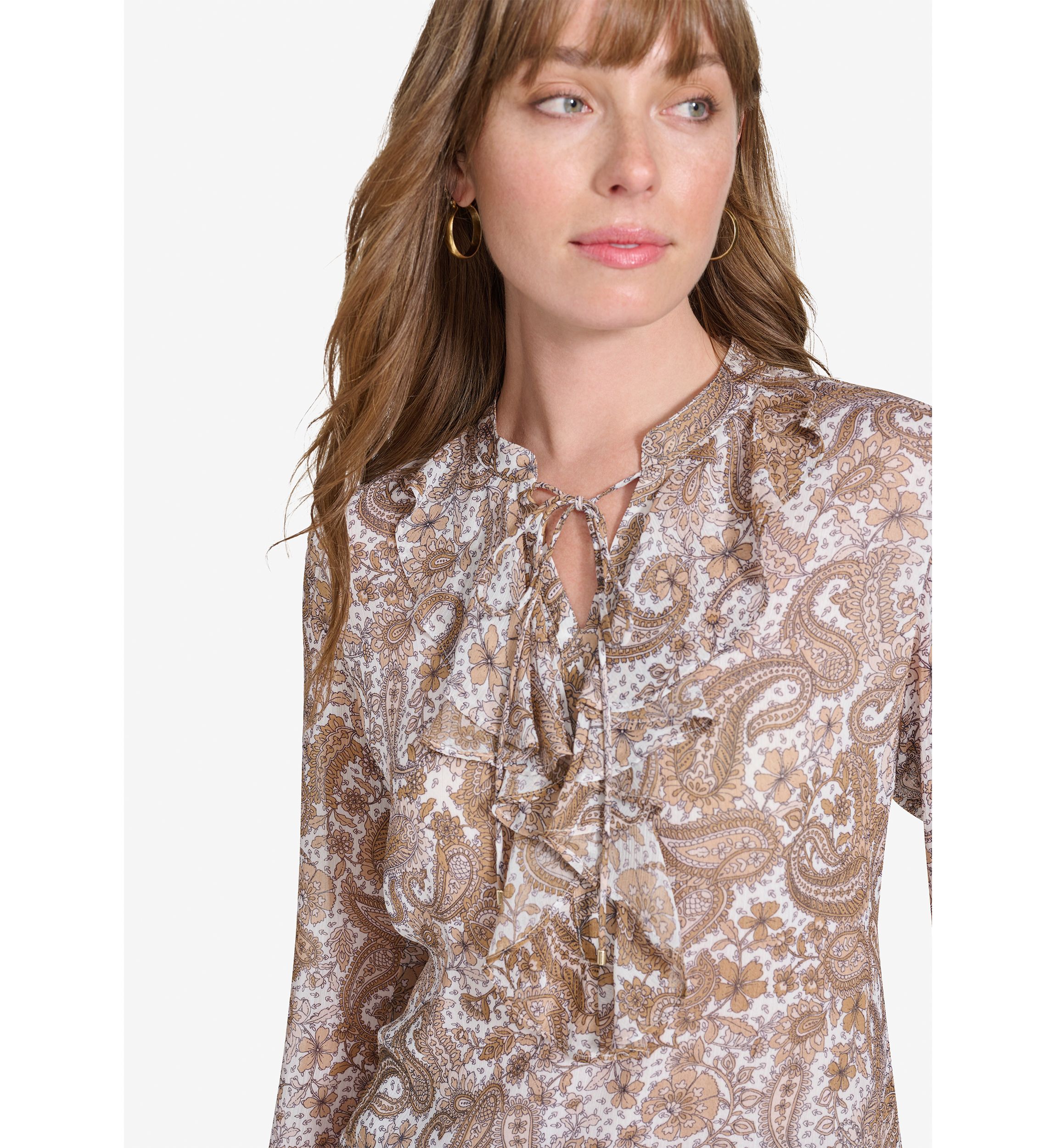Womens Long Sleeve Paisley Ruffle Blouse