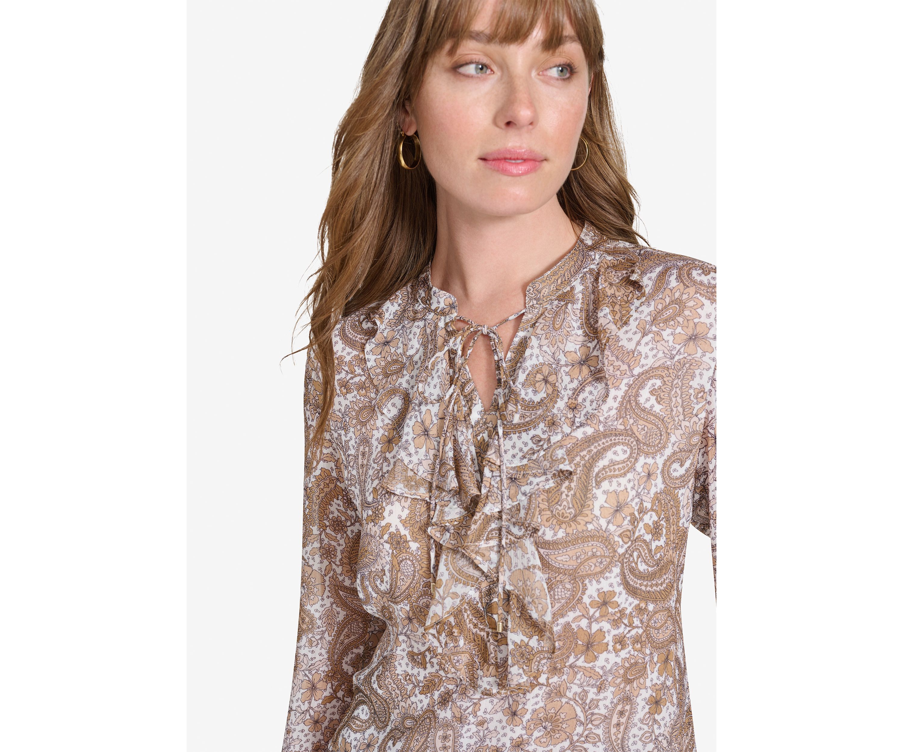 Womens Long Sleeve Paisley Ruffle Blouse