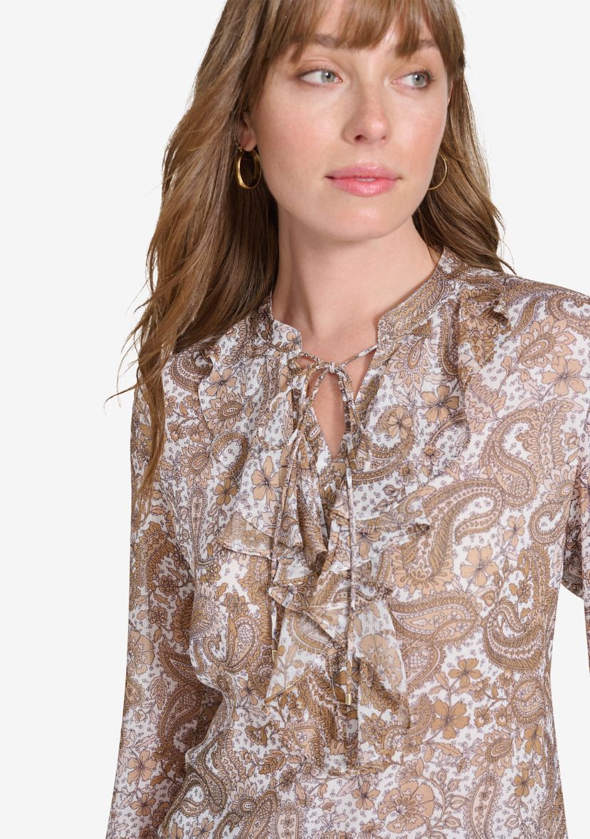 Womens Long Sleeve Paisley Ruffle Blouse