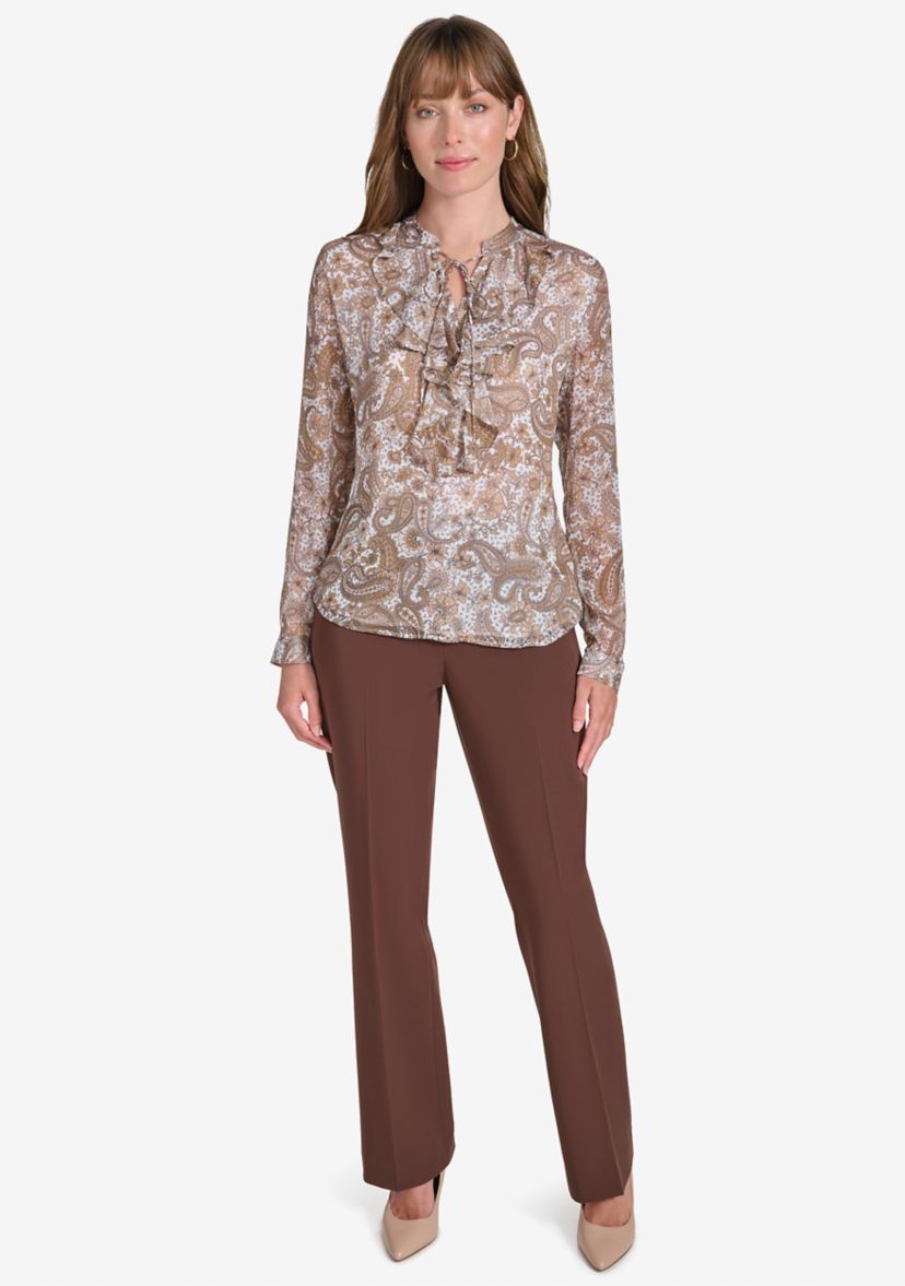 Womens Long Sleeve Paisley Ruffle Blouse