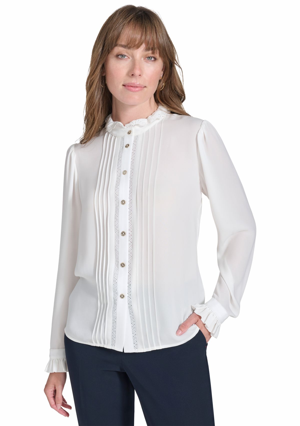 Womens Long Sleeve Pintuck Button Front Blouse