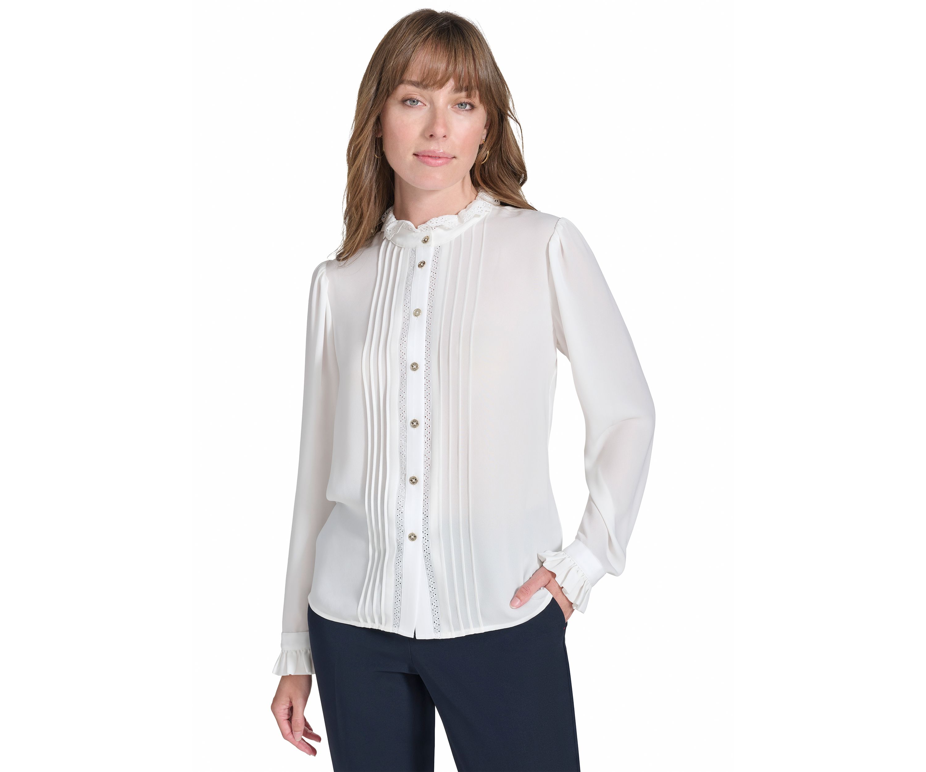 Womens Long Sleeve Pintuck Button Front Blouse