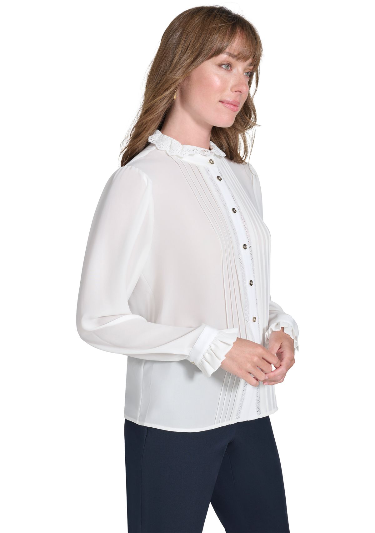 Womens Long Sleeve Pintuck Button Front Blouse