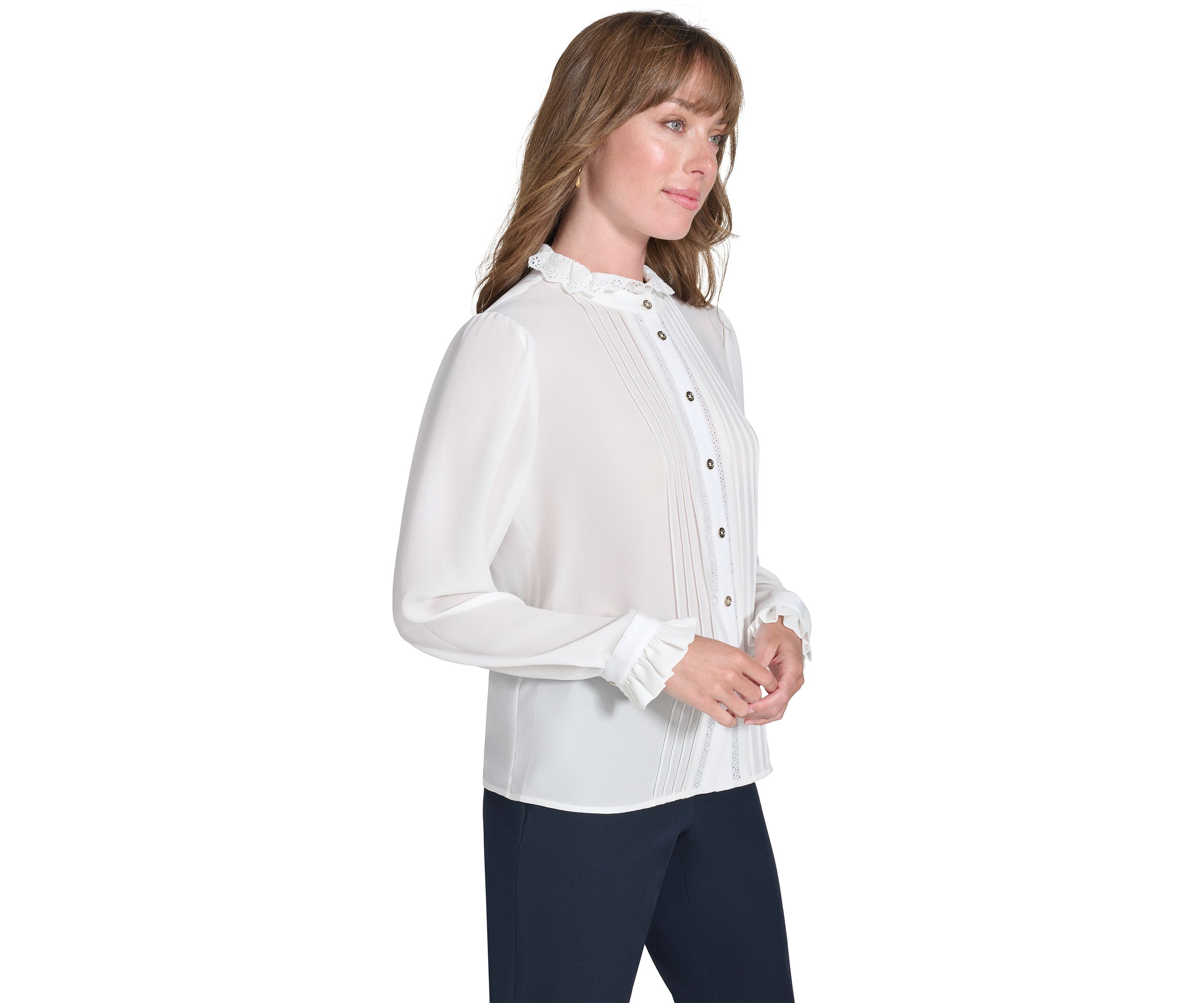 Womens Long Sleeve Pintuck Button Front Blouse