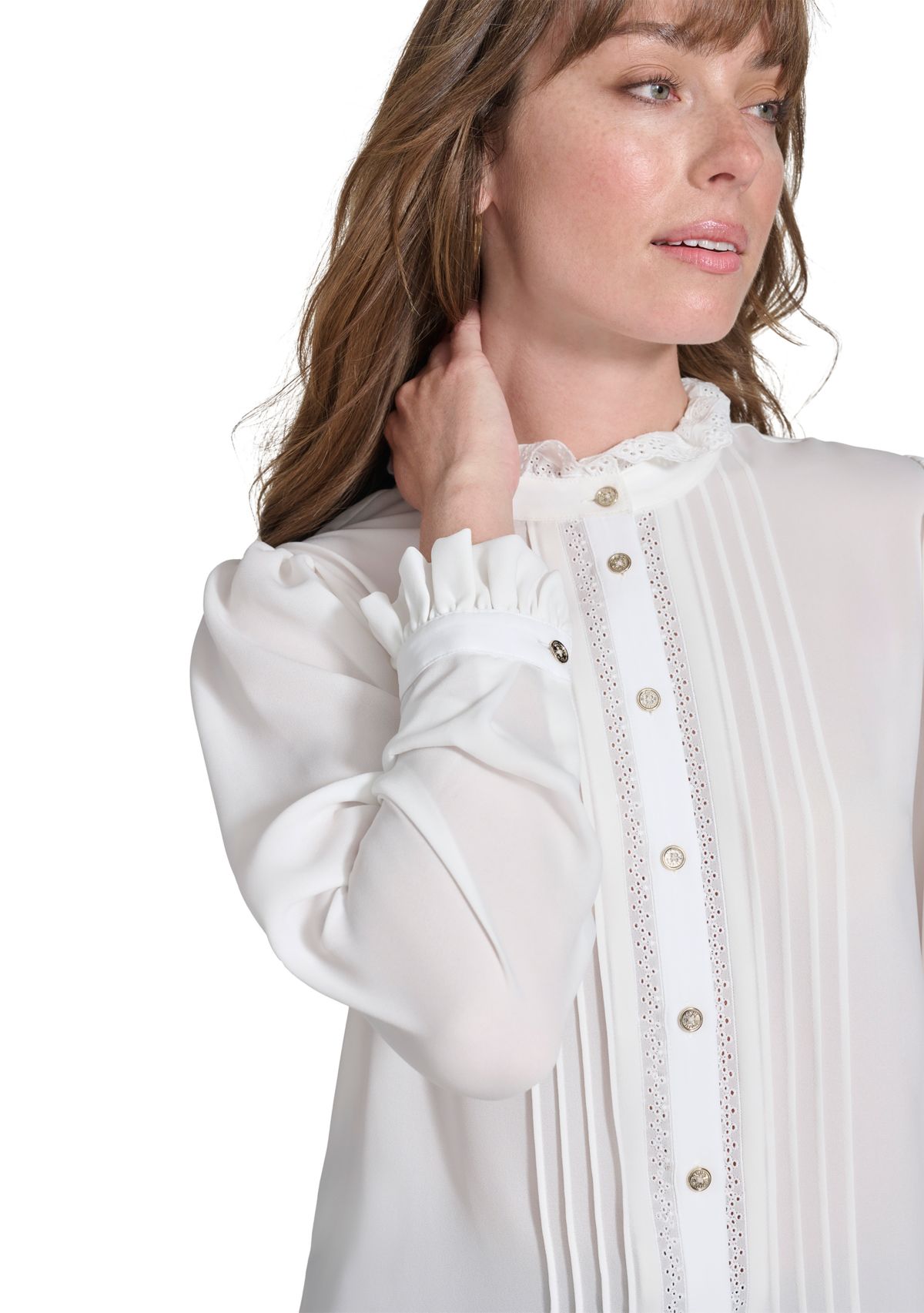 Womens Long Sleeve Pintuck Button Front Blouse