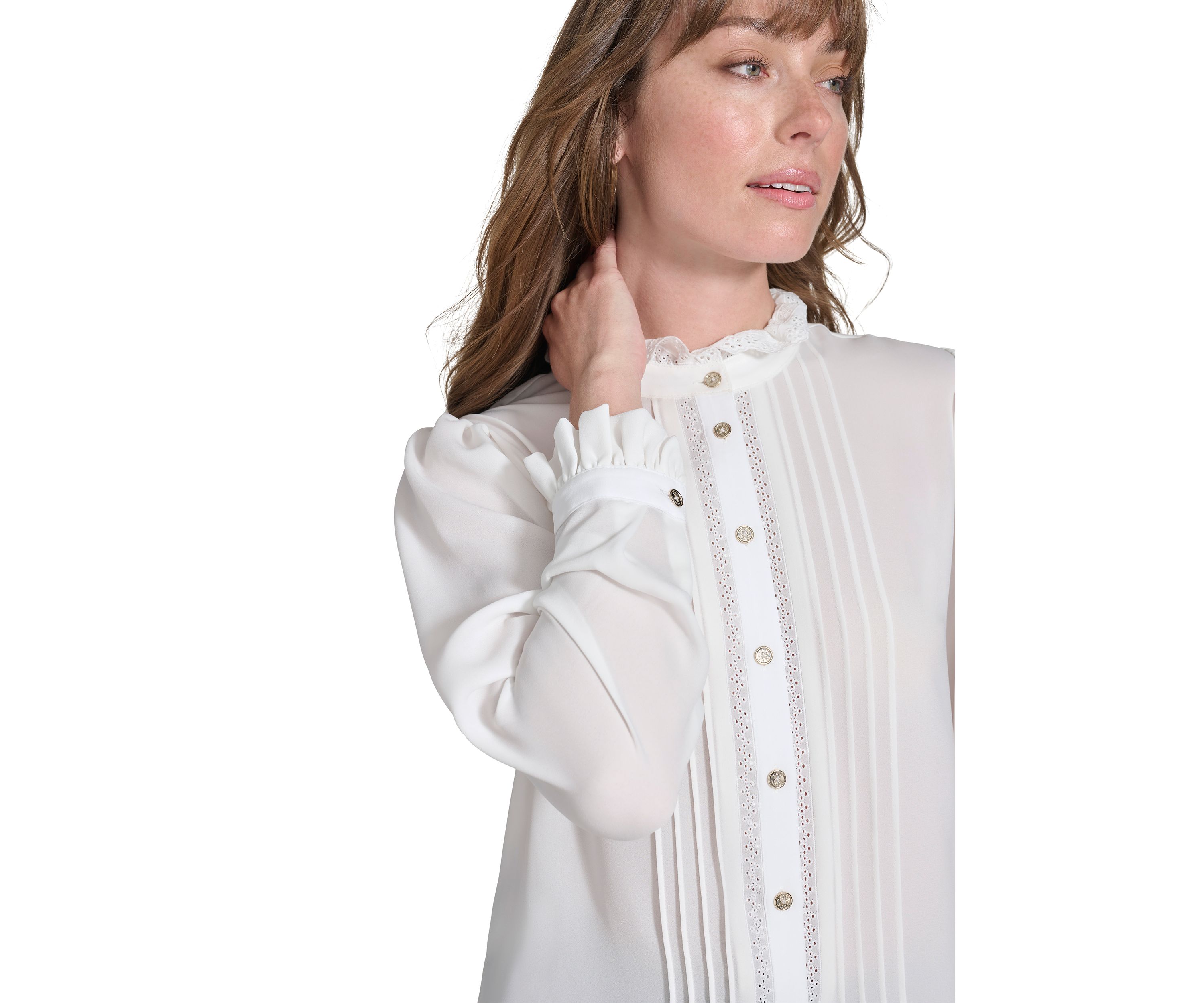 Womens Long Sleeve Pintuck Button Front Blouse