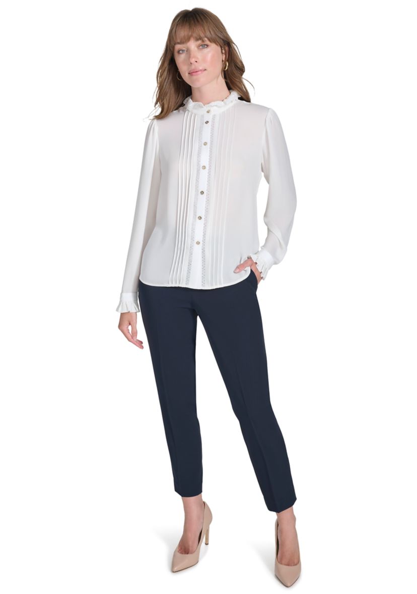 Womens Long Sleeve Pintuck Button Front Blouse