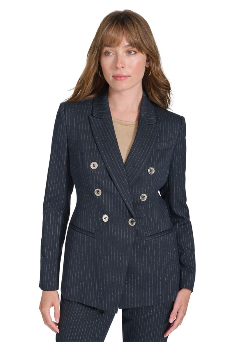 Womens Double Breaster Lurex Pinstripe Blazer