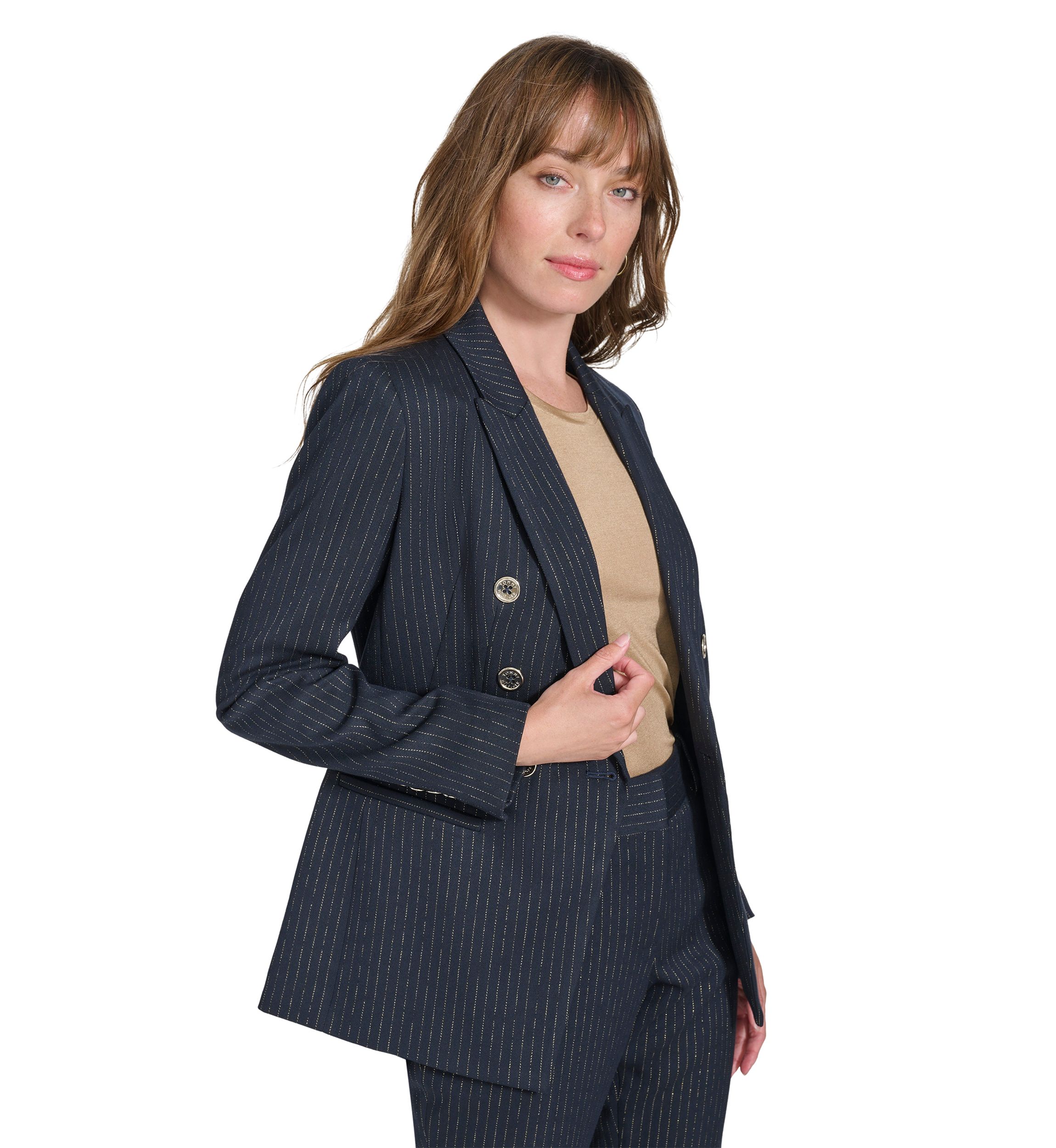 Womens Double Breaster Lurex Pinstripe Blazer
