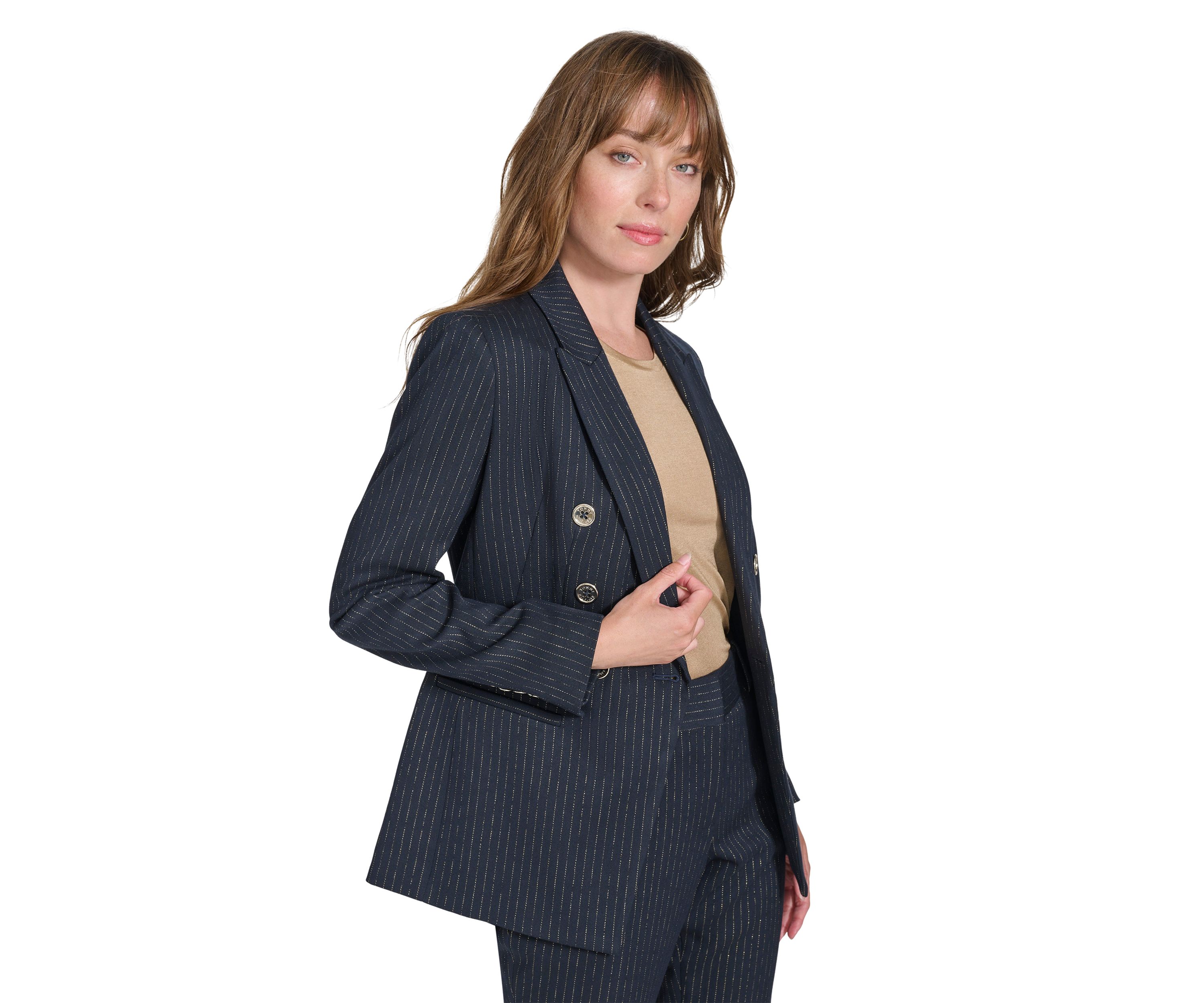 Womens Double Breaster Lurex Pinstripe Blazer