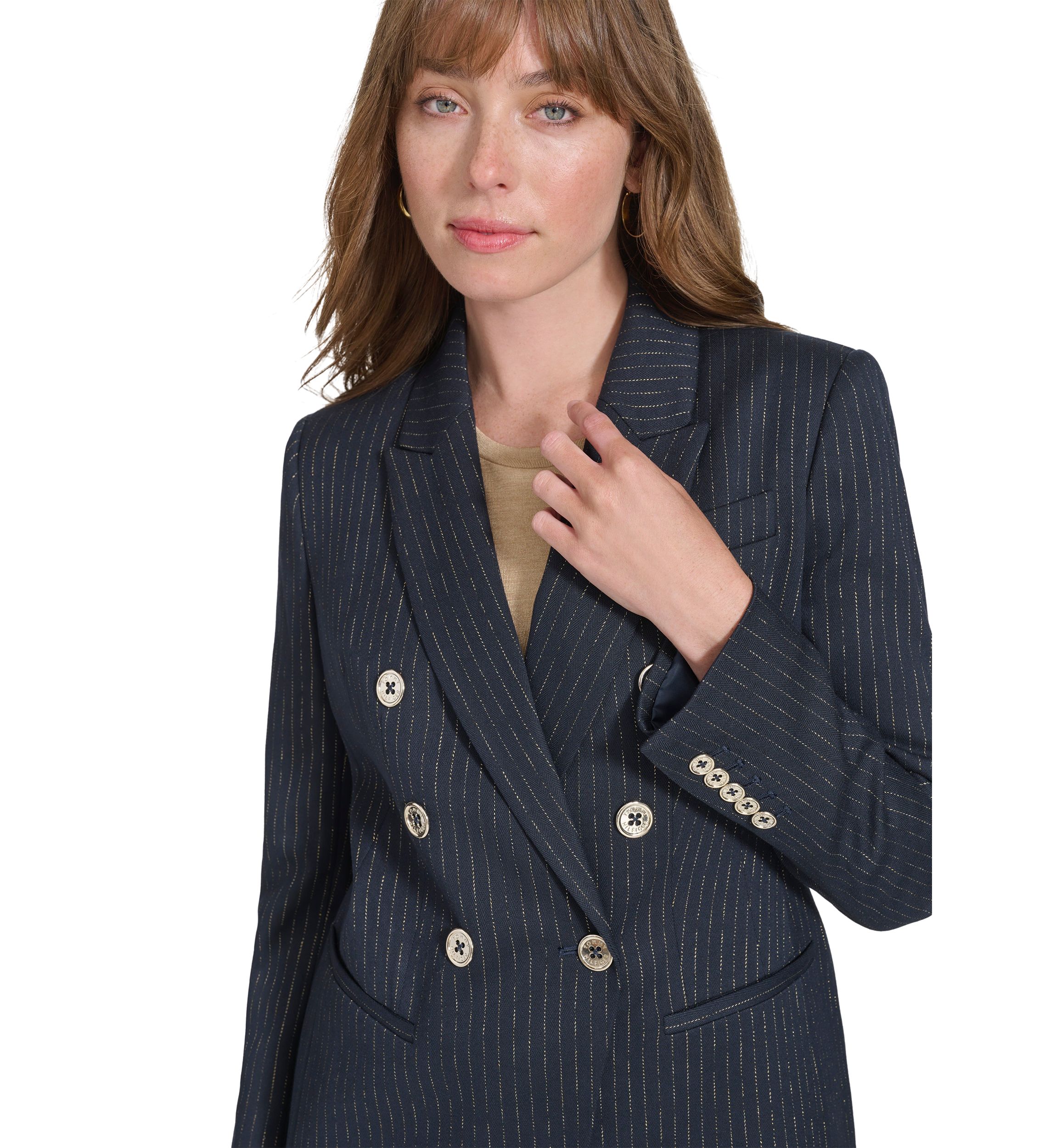 Womens Double Breaster Lurex Pinstripe Blazer
