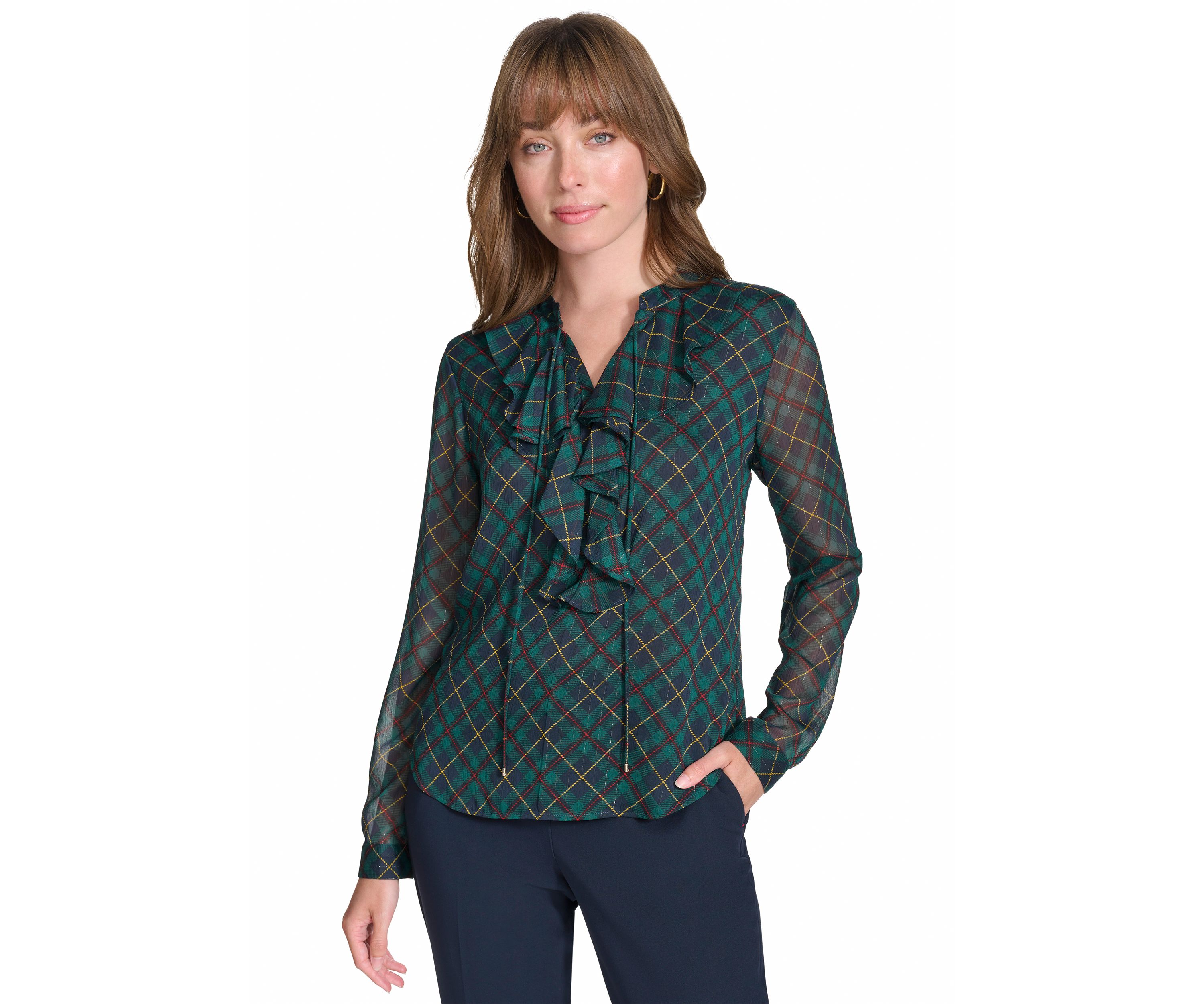 Womens Long Sleeve Plaid Ruffle Neck Blouse