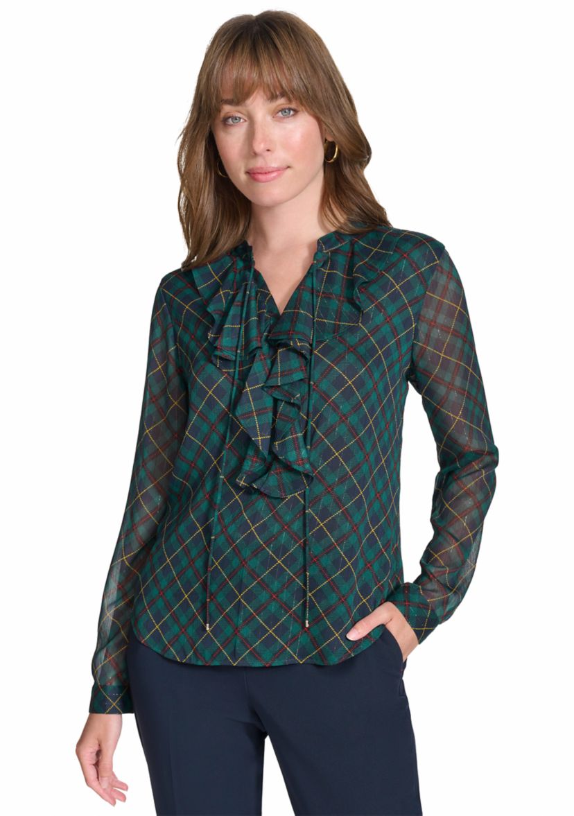 Womens Long Sleeve Plaid Ruffle Neck Blouse