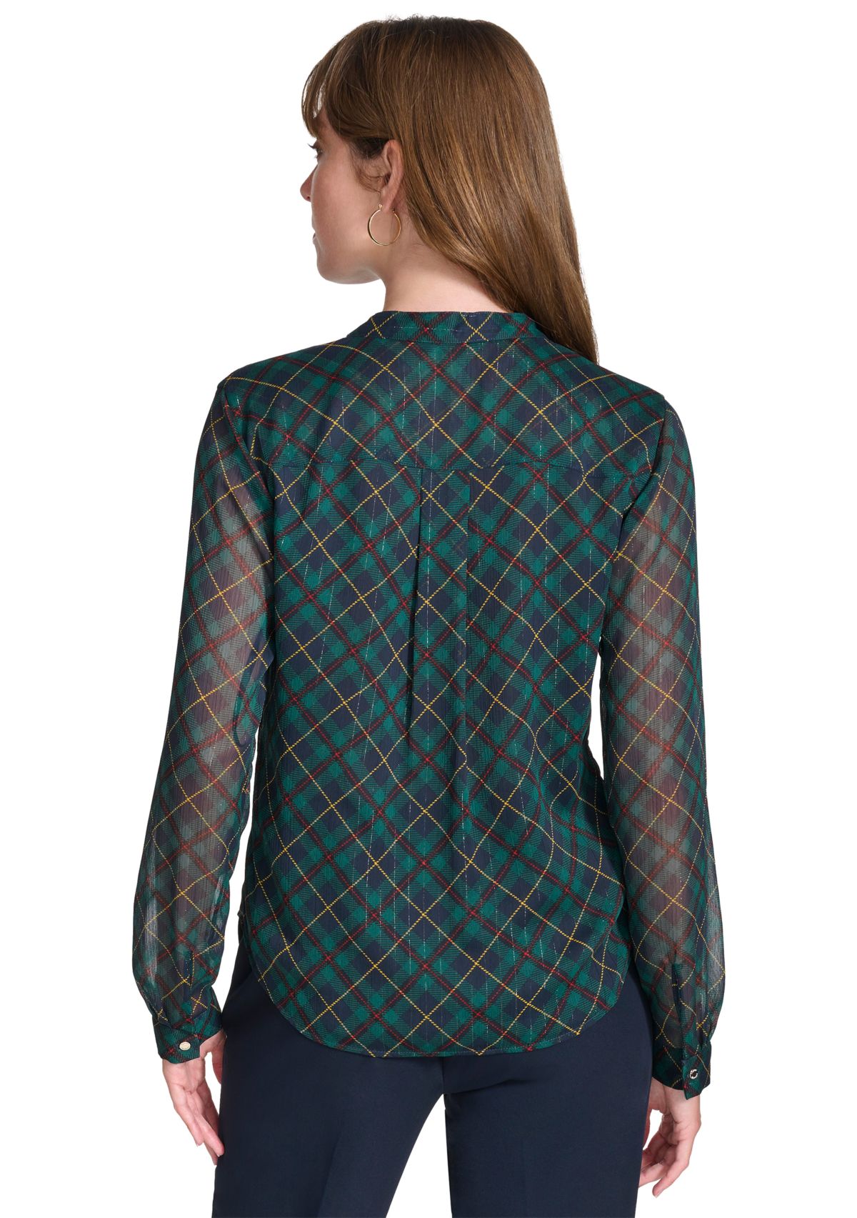 Womens Long Sleeve Plaid Ruffle Neck Blouse