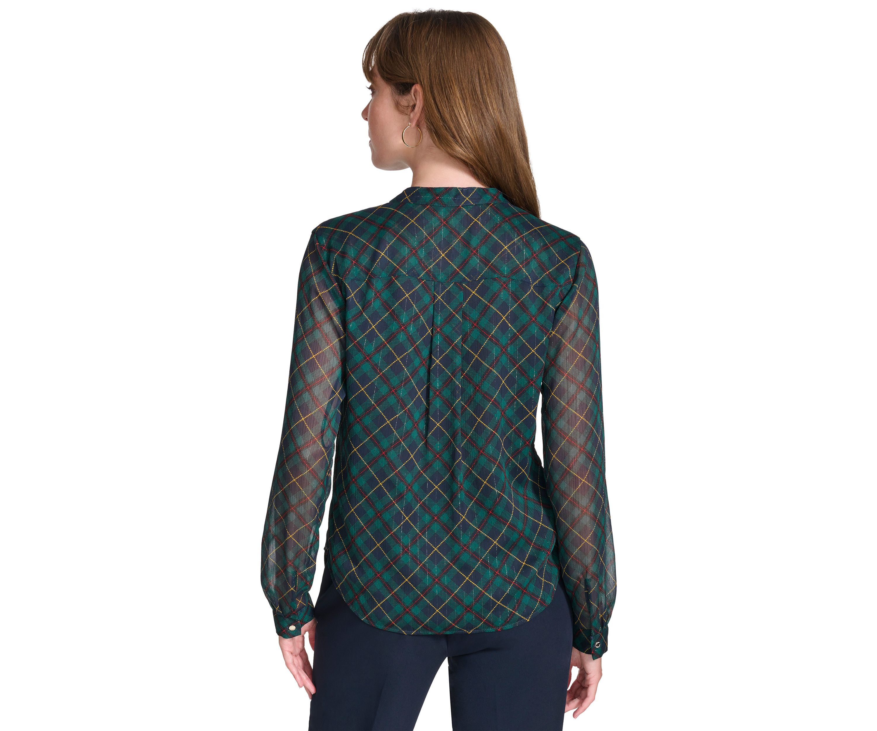 Womens Long Sleeve Plaid Ruffle Neck Blouse
