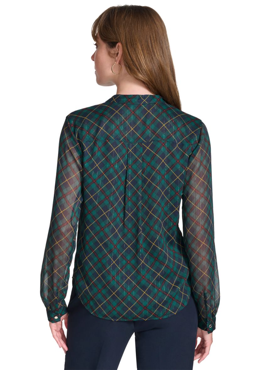 Womens Long Sleeve Plaid Ruffle Neck Blouse
