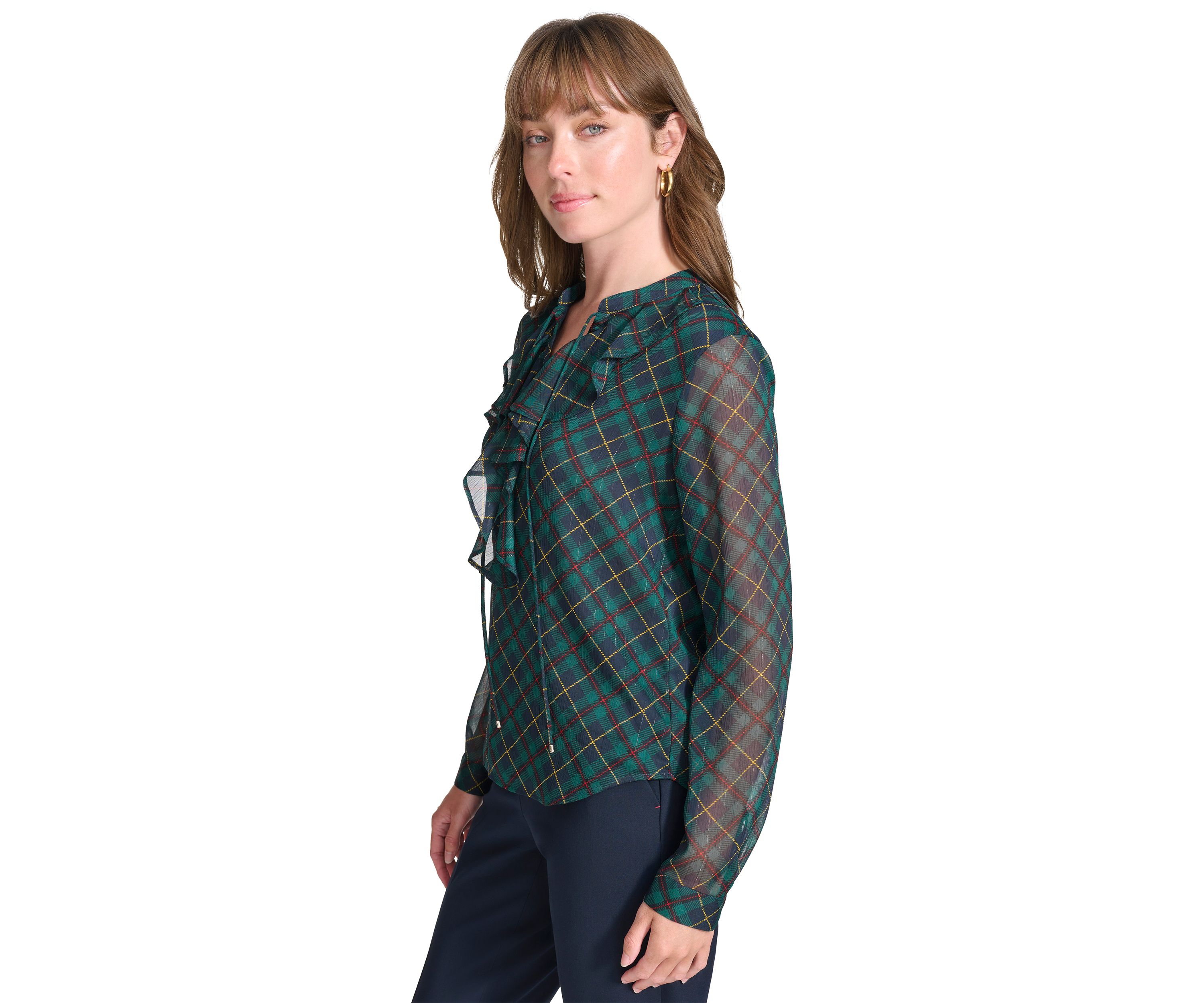 Womens Long Sleeve Plaid Ruffle Neck Blouse