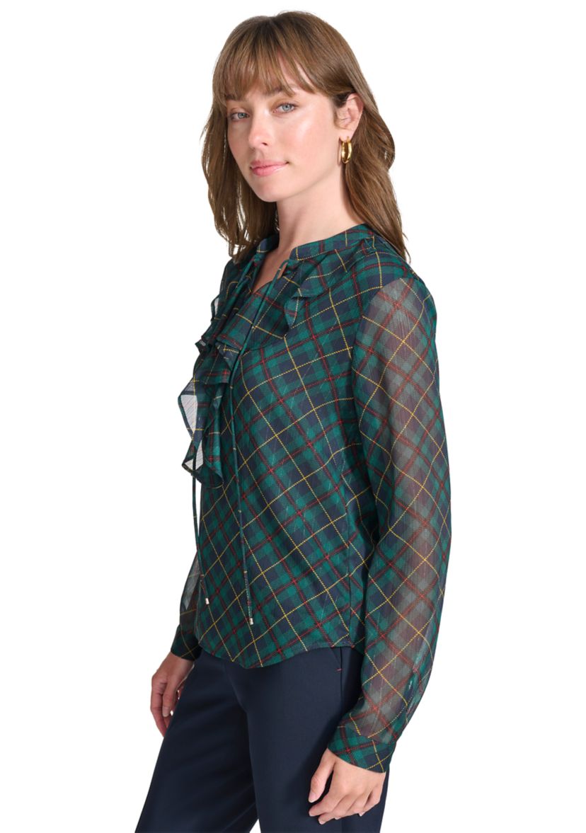 Womens Long Sleeve Plaid Ruffle Neck Blouse