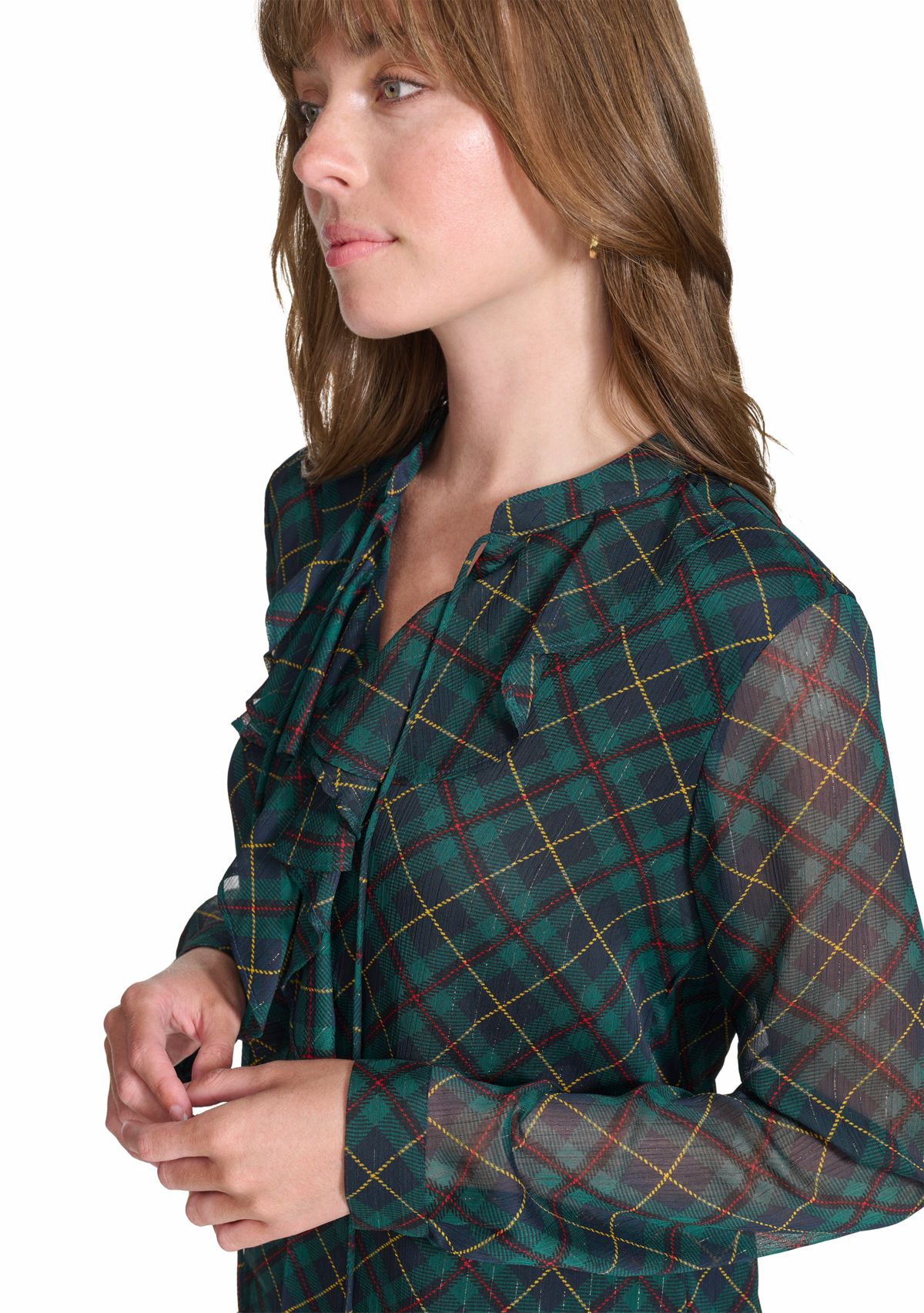 Womens Long Sleeve Plaid Ruffle Neck Blouse