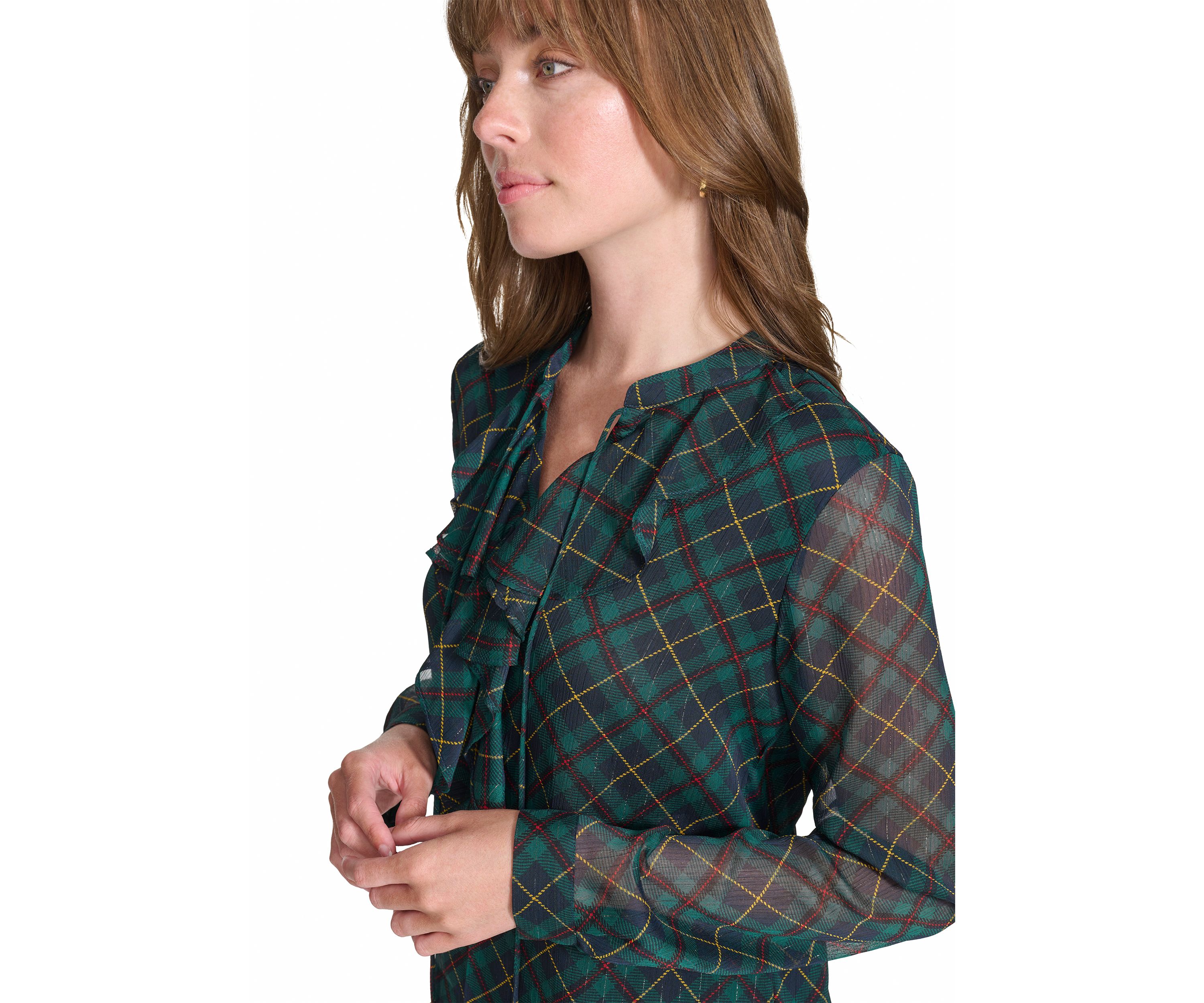 Womens Long Sleeve Plaid Ruffle Neck Blouse
