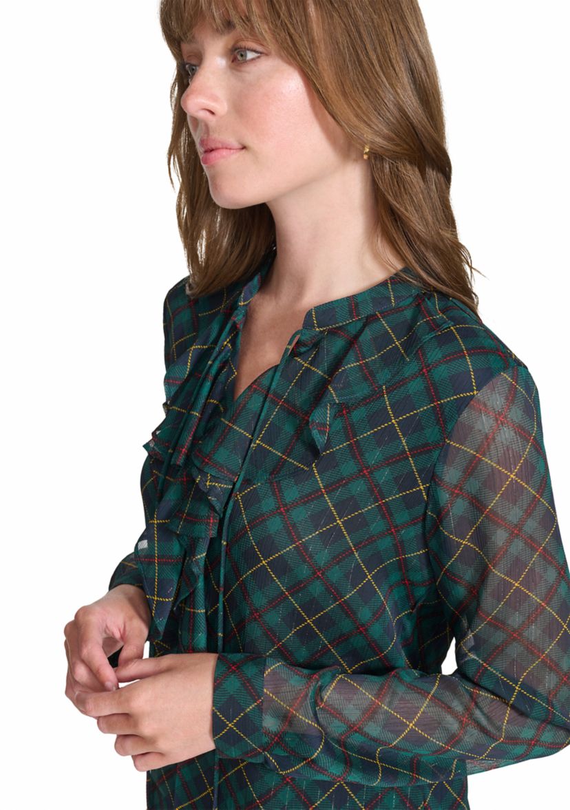 Womens Long Sleeve Plaid Ruffle Neck Blouse