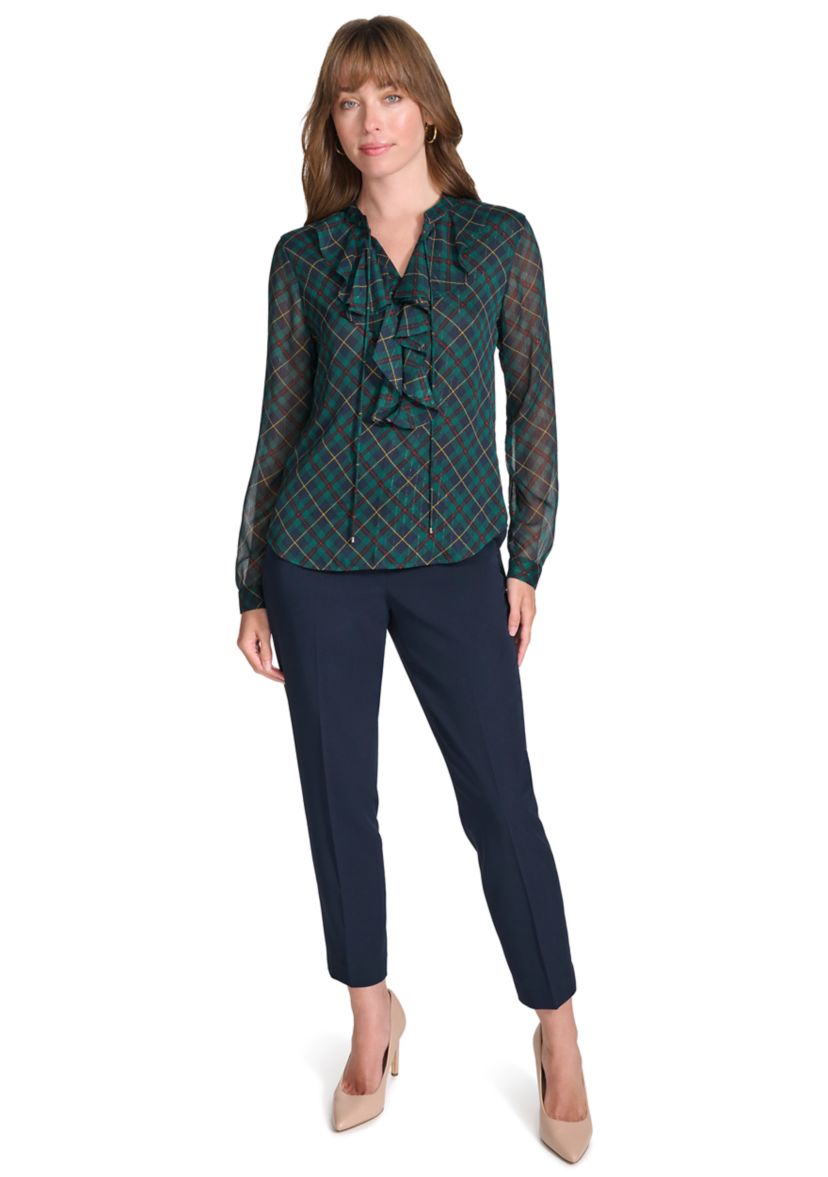 Womens Long Sleeve Plaid Ruffle Neck Blouse