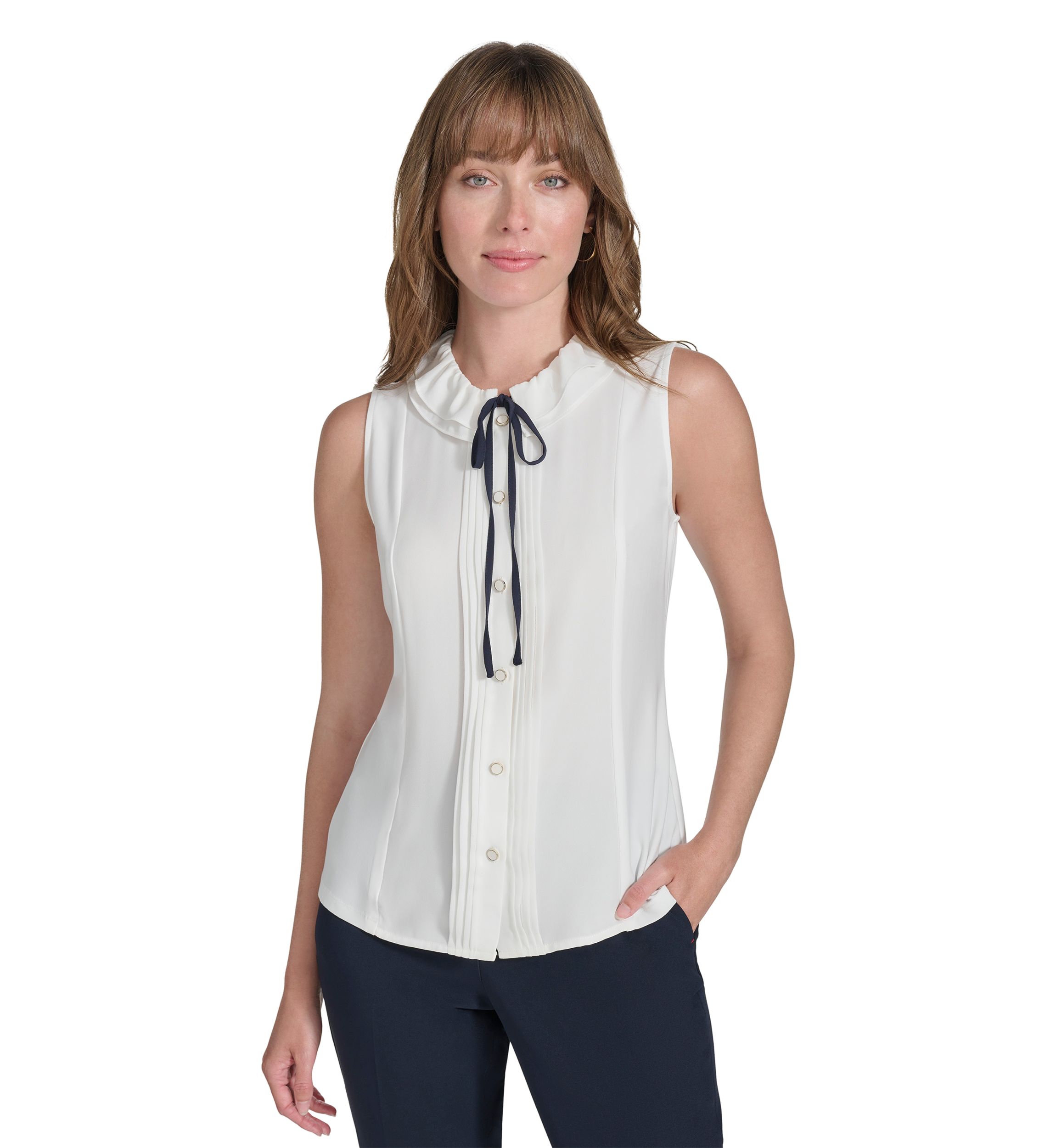 Womens Sleeveless Mixed Media Ruffle Neck Blouse