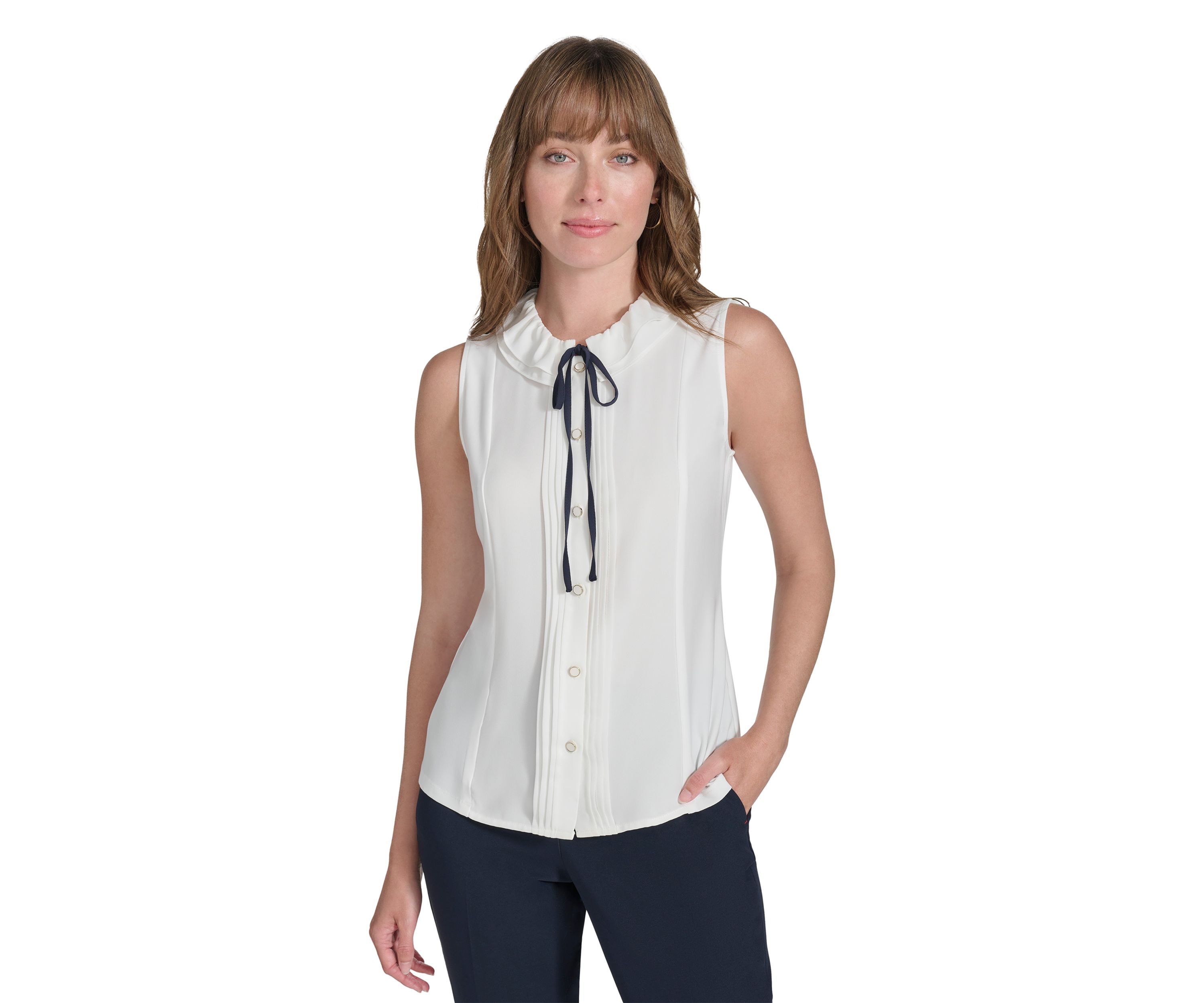 Womens Sleeveless Mixed Media Ruffle Neck Blouse