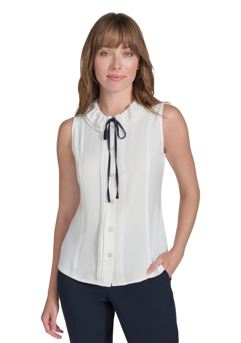 Womens Sleeveless Mixed Media Ruffle Neck Blouse