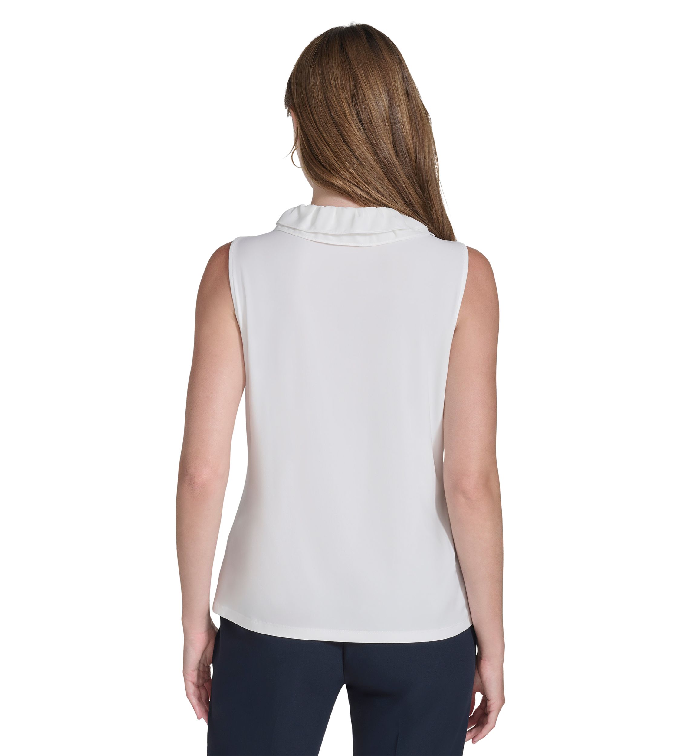 Womens Sleeveless Mixed Media Ruffle Neck Blouse