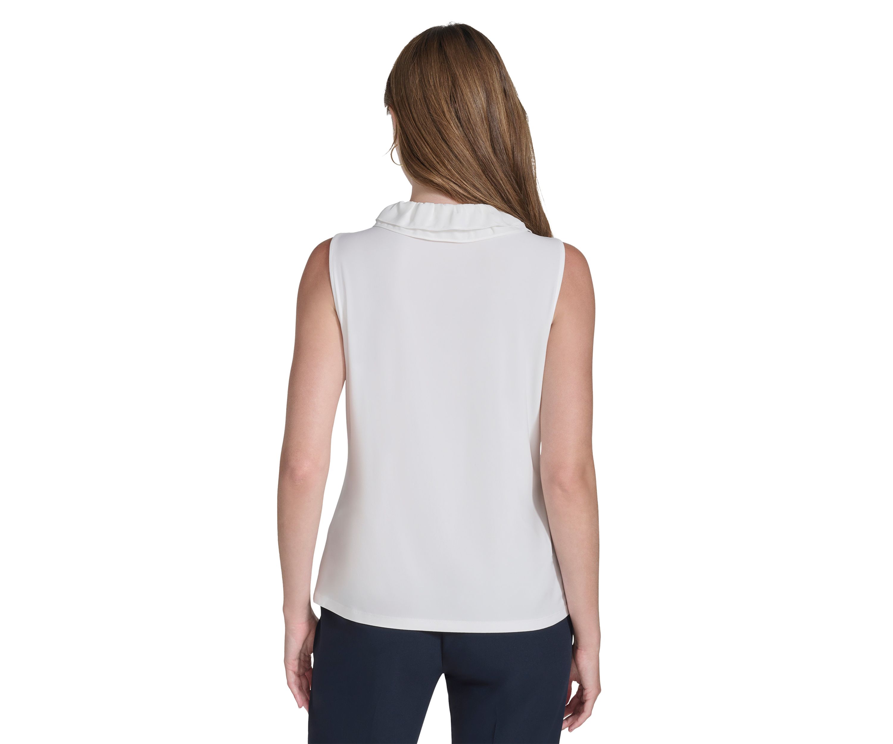 Womens Sleeveless Mixed Media Ruffle Neck Blouse