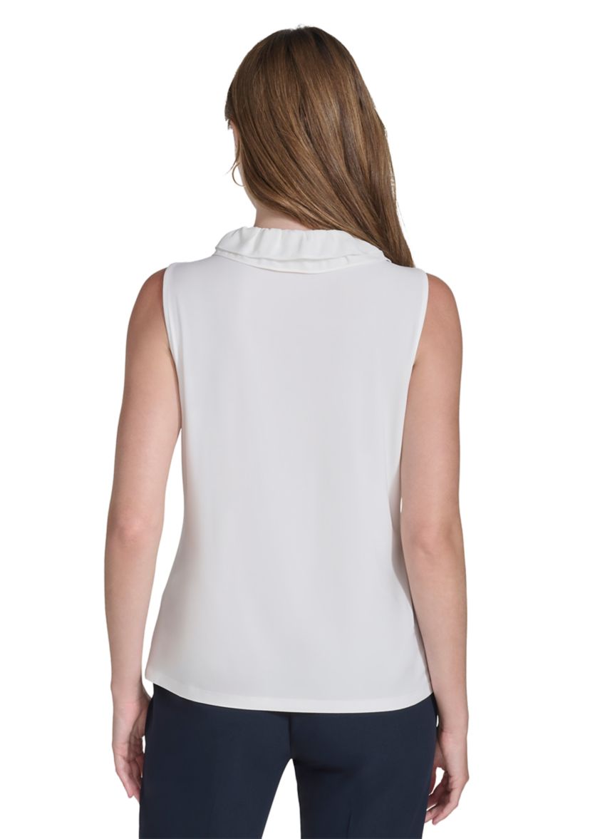 Womens Sleeveless Mixed Media Ruffle Neck Blouse