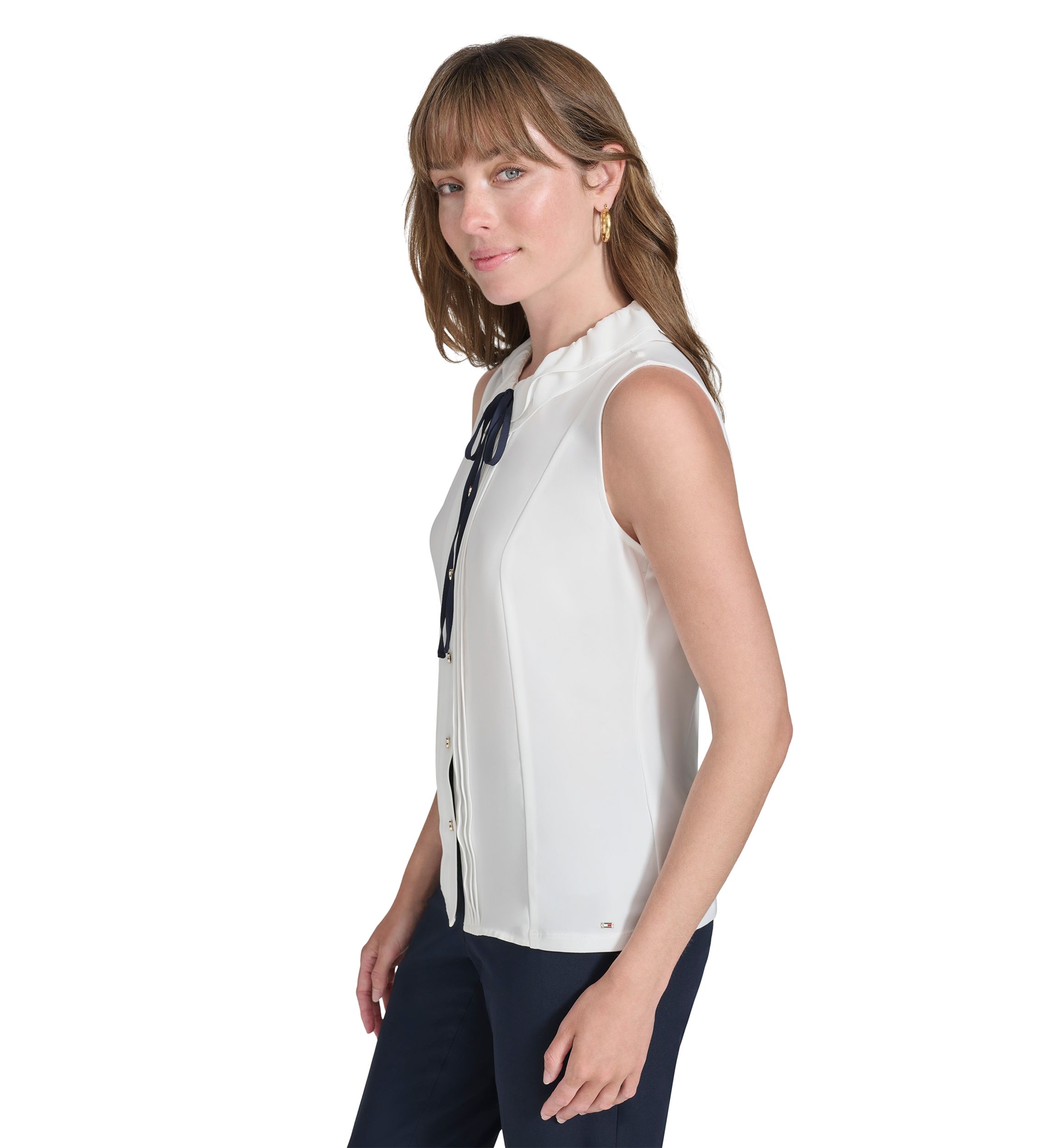 Womens Sleeveless Mixed Media Ruffle Neck Blouse