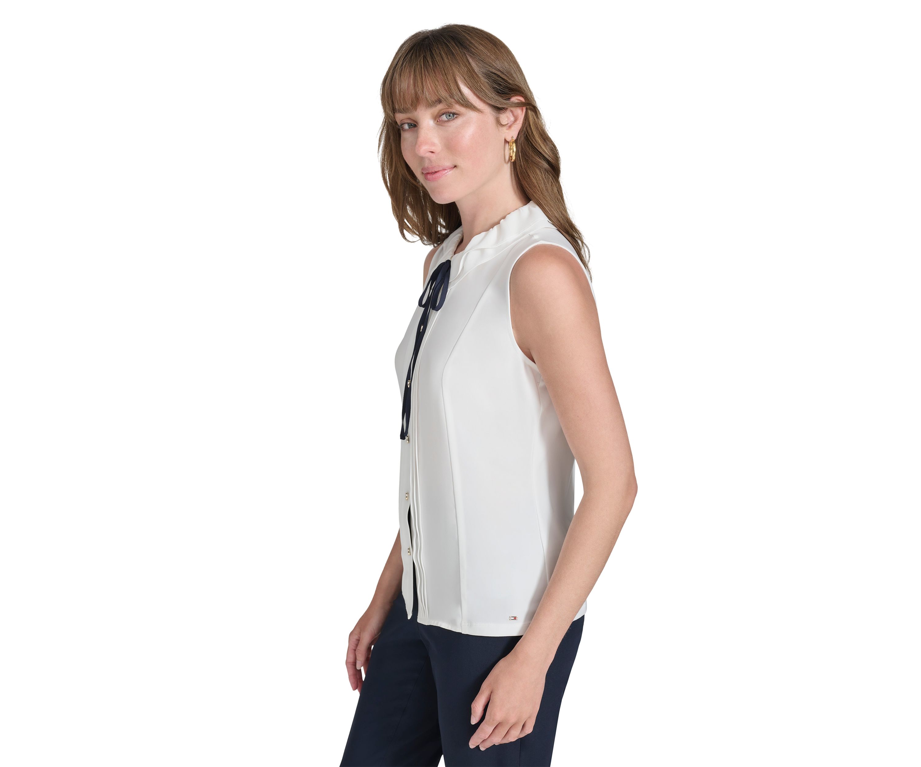 Womens Sleeveless Mixed Media Ruffle Neck Blouse
