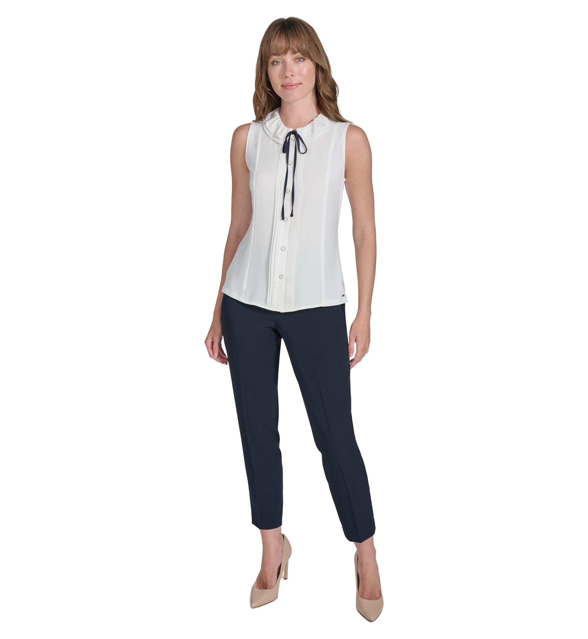 Womens Sleeveless Mixed Media Ruffle Neck Blouse