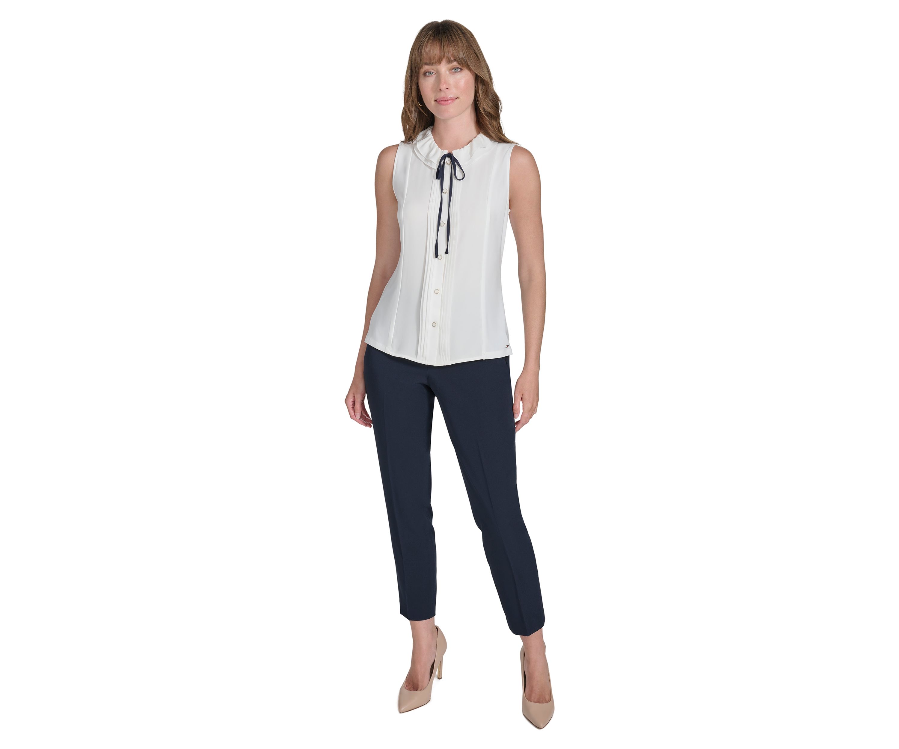 Womens Sleeveless Mixed Media Ruffle Neck Blouse