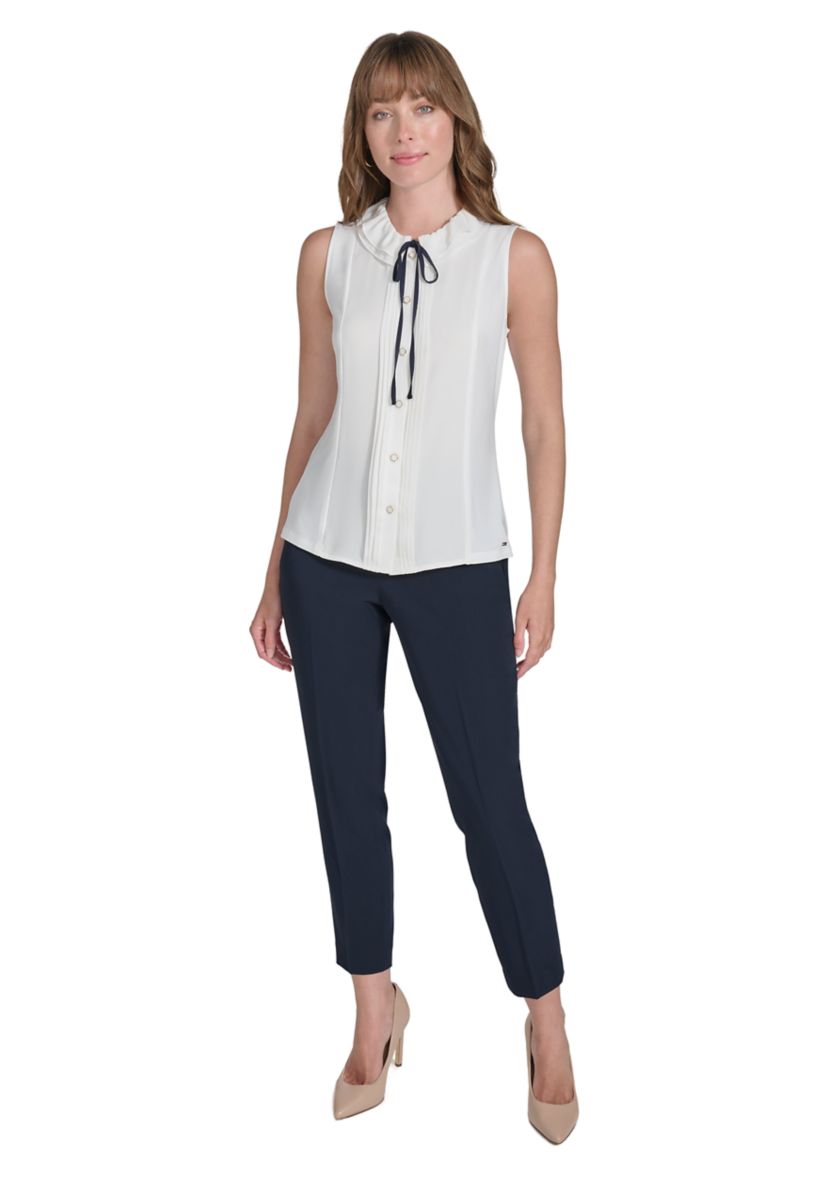 Womens Sleeveless Mixed Media Ruffle Neck Blouse