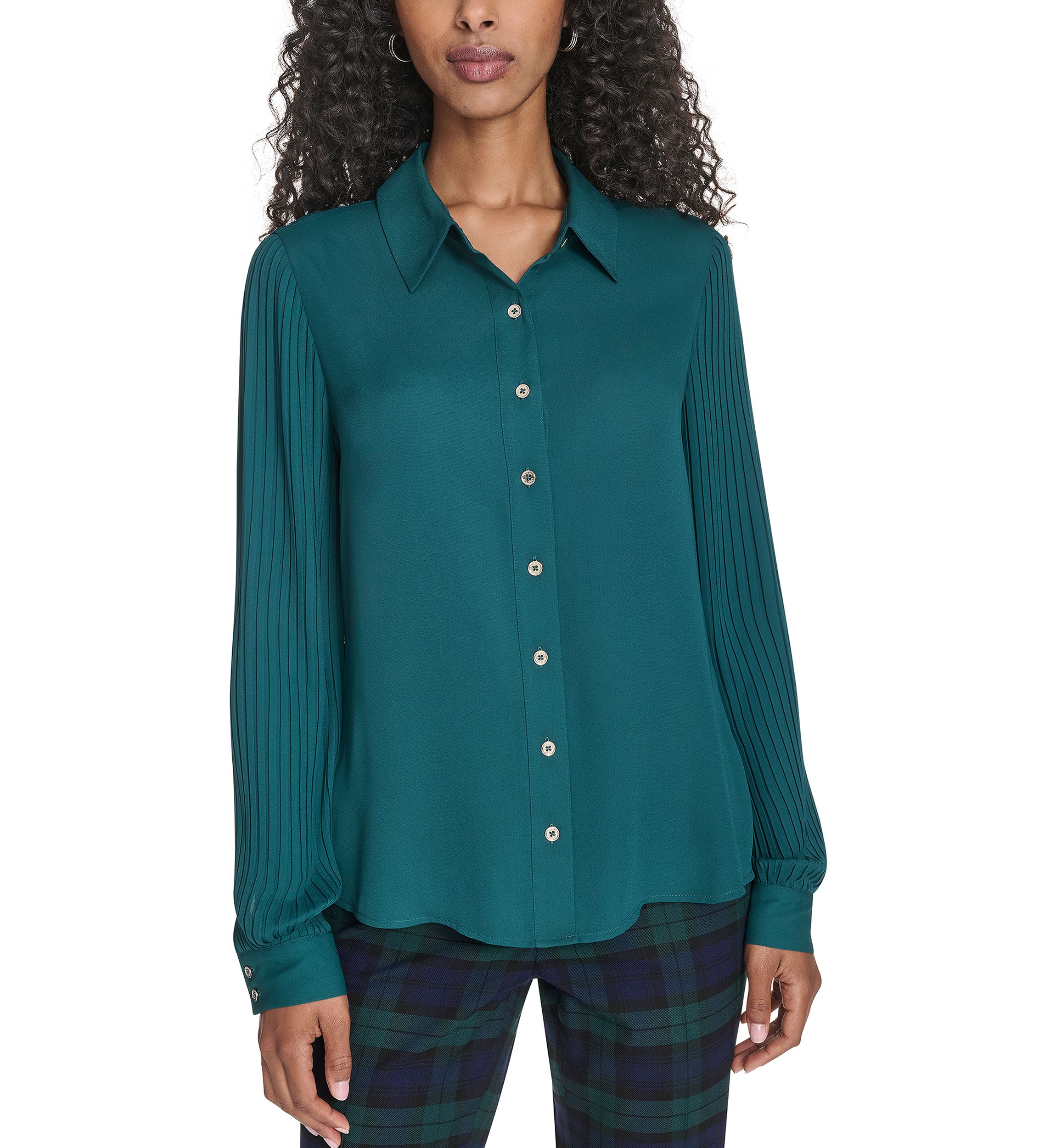 Womens Pleated Sleeve Button Front Blouse