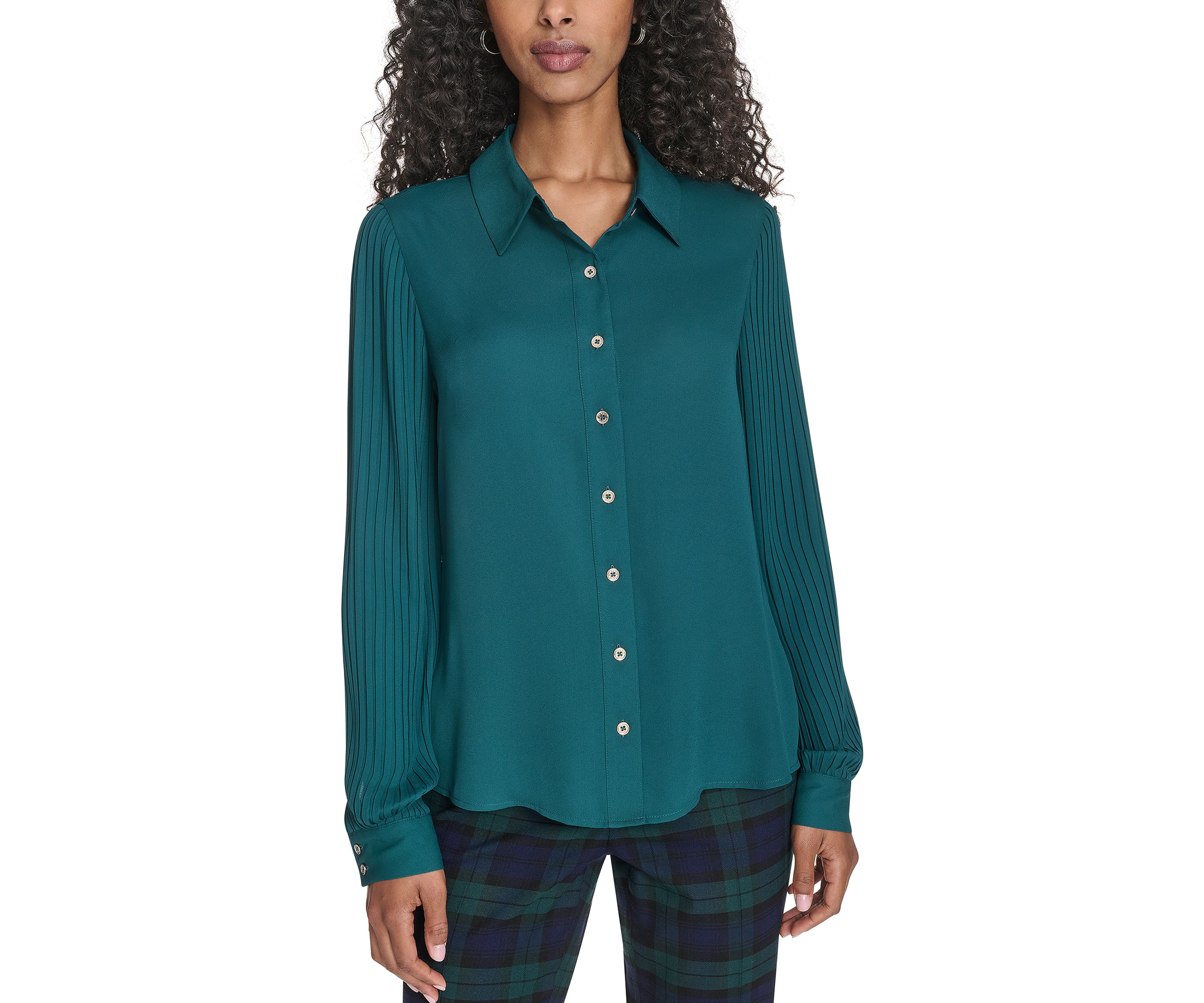 Womens Pleated Sleeve Button Front Blouse