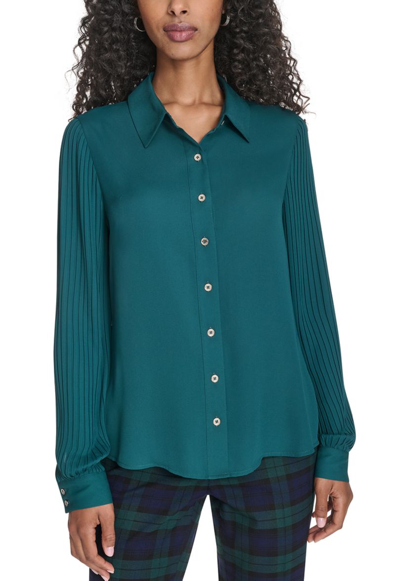 Womens Pleated Sleeve Button Front Blouse