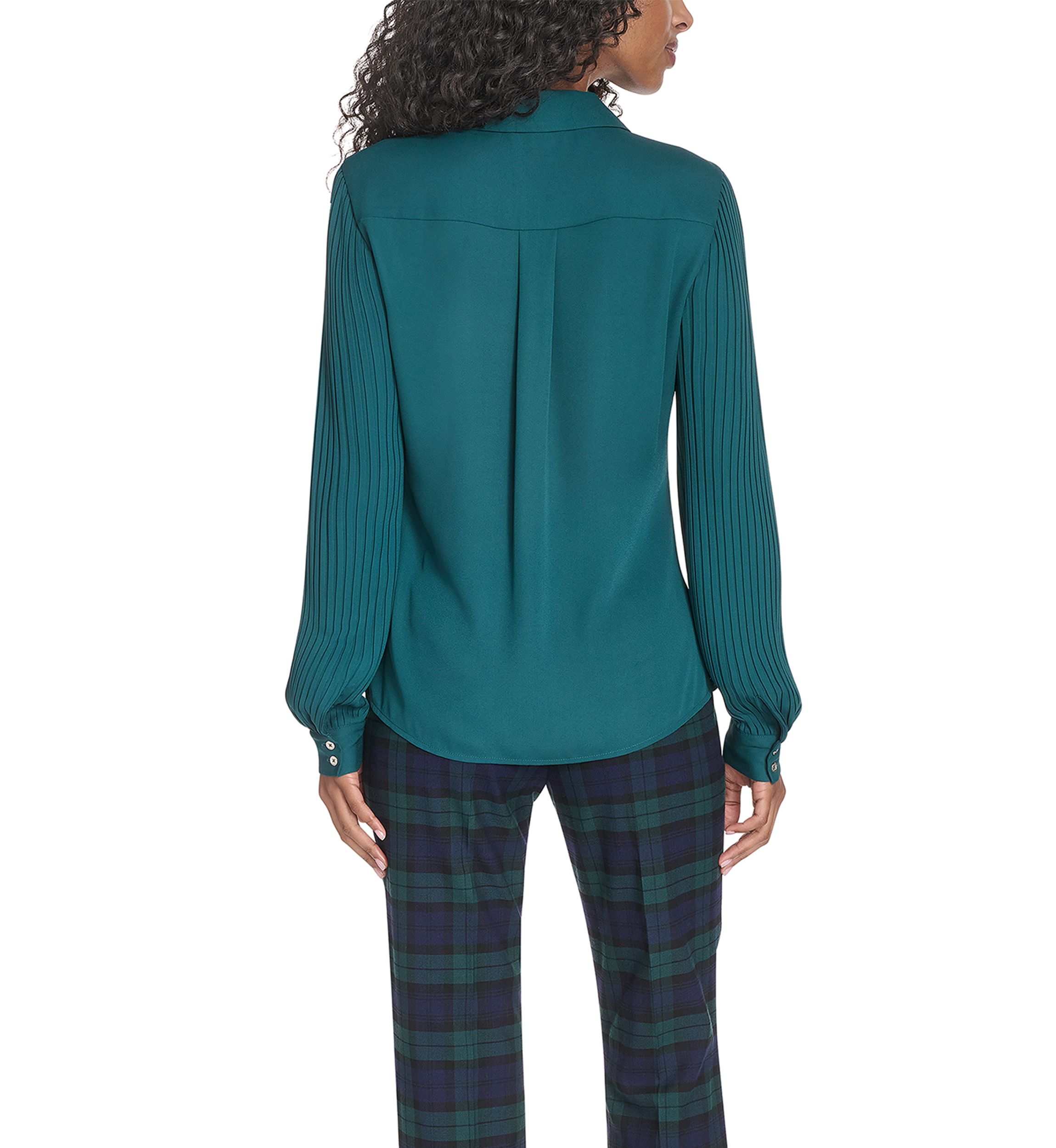 Womens Pleated Sleeve Button Front Blouse