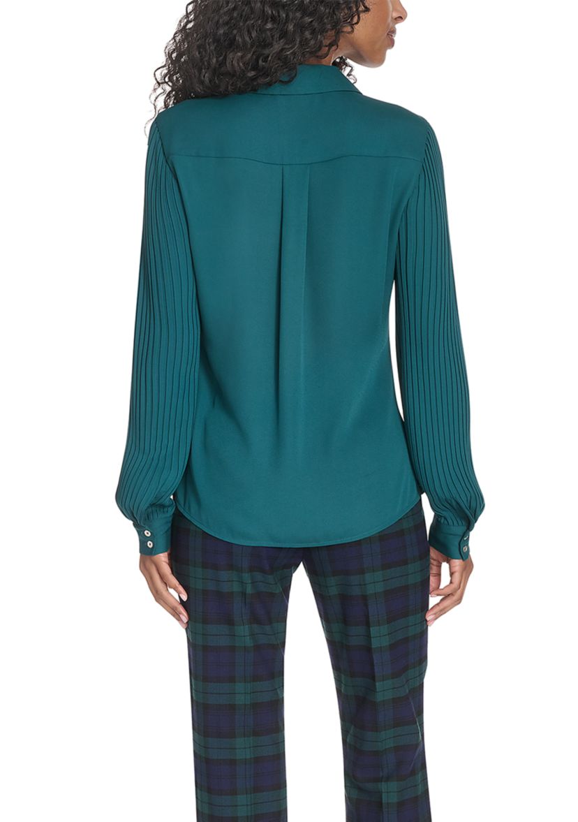 Womens Pleated Sleeve Button Front Blouse