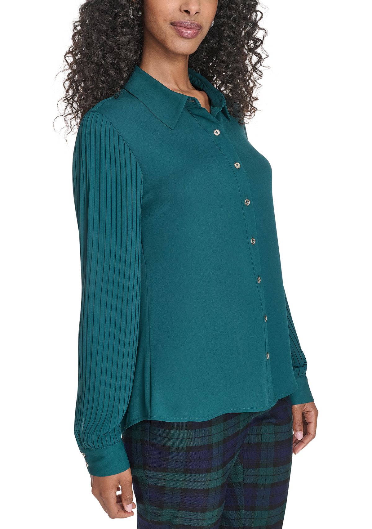 Womens Pleated Sleeve Button Front Blouse