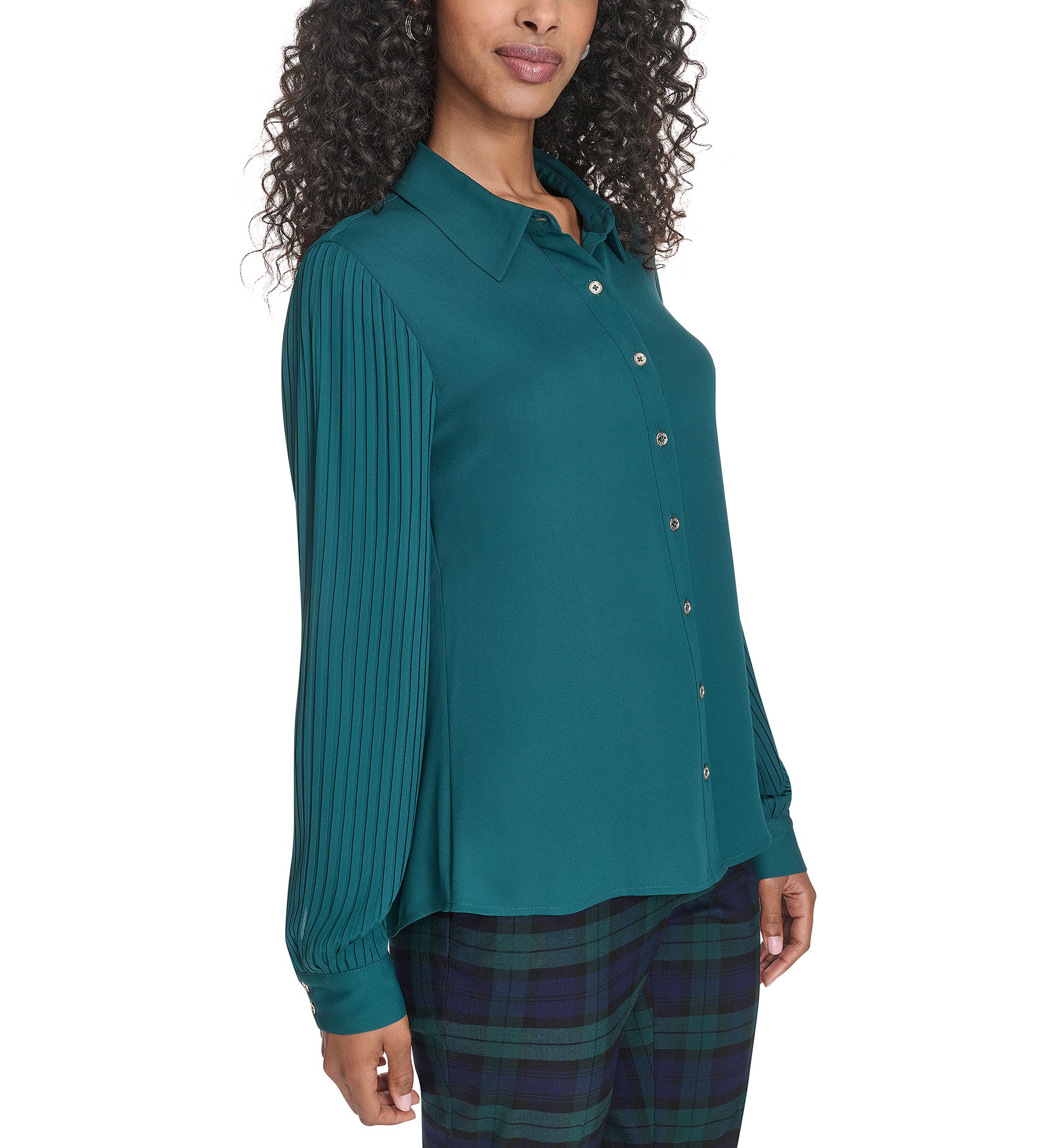 Womens Pleated Sleeve Button Front Blouse